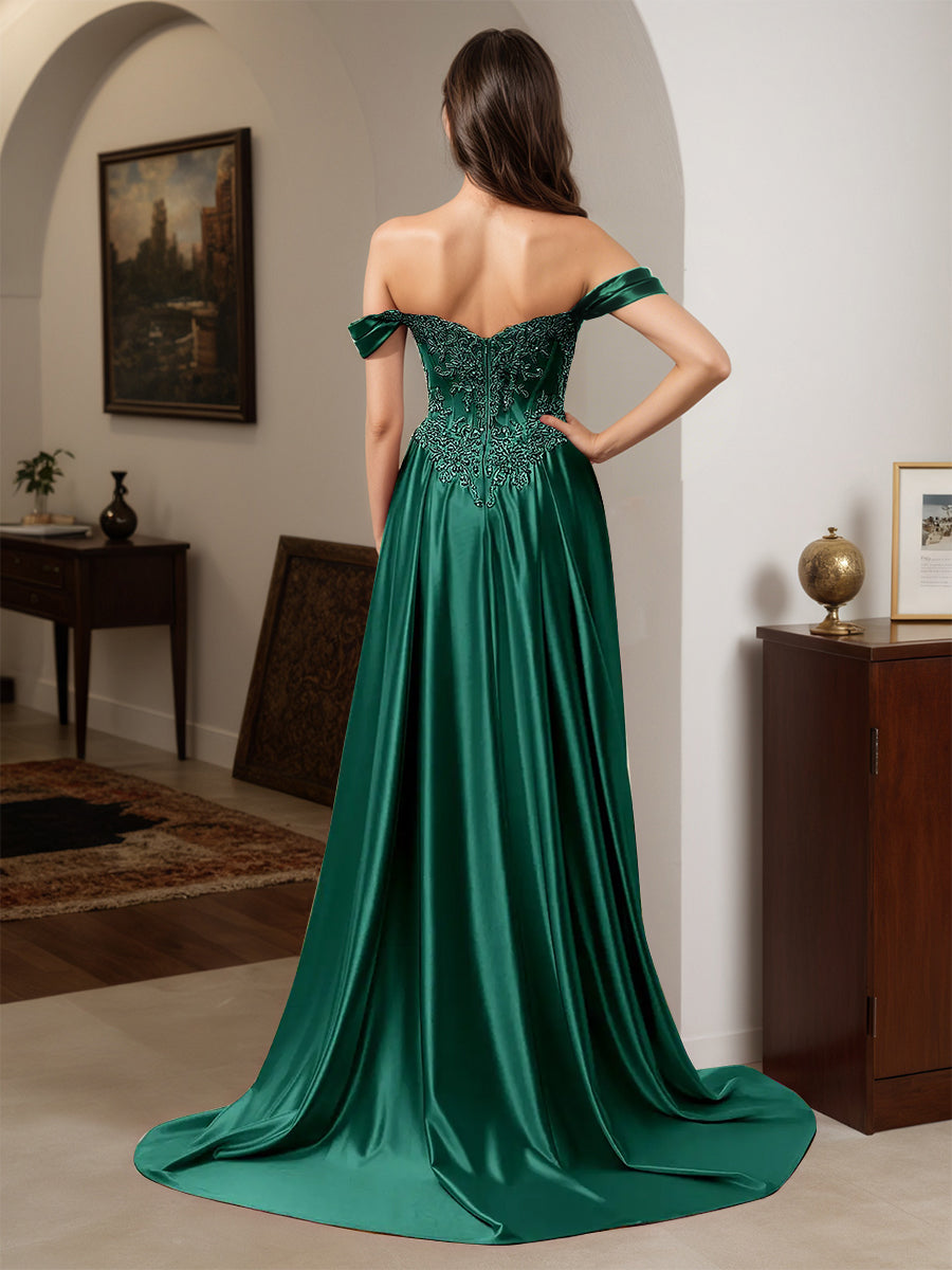 Cicinia Dark Green Prom Dresses Appliques Lace Off The Shoulder Sheath Dress wiith Sweep Train