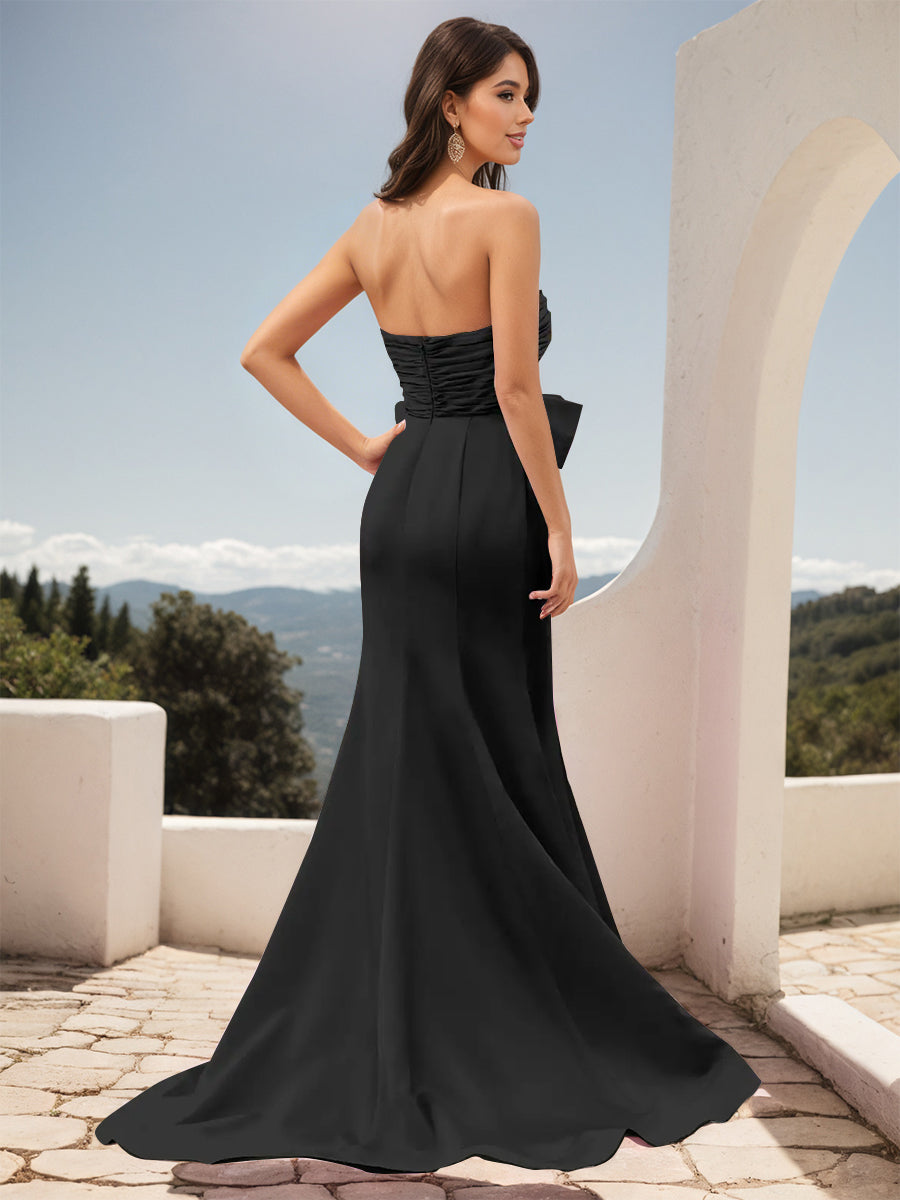 Cicinia Black Prom Dresses Stretch Fabric Bowknot Sheath Slit Strapless Evening Gowns