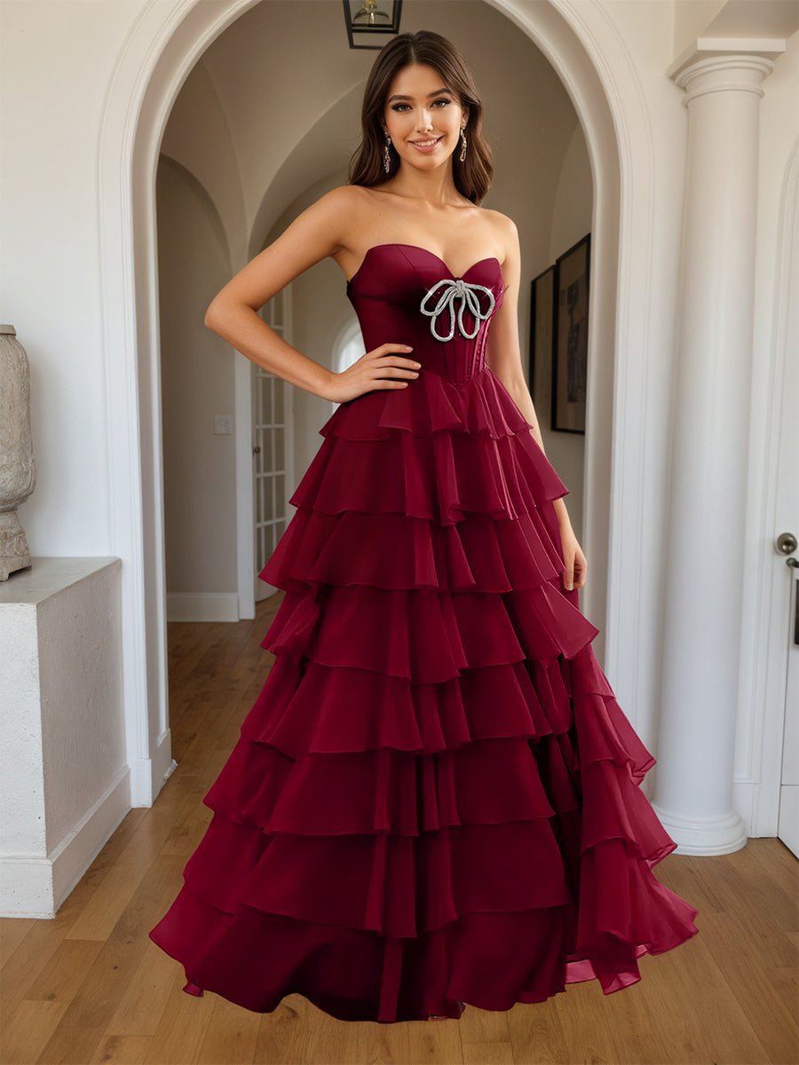 Cicinia Burgundy Prom Dresses Sweetheart A-Line Layers Floor Length Slit Evening Gowns