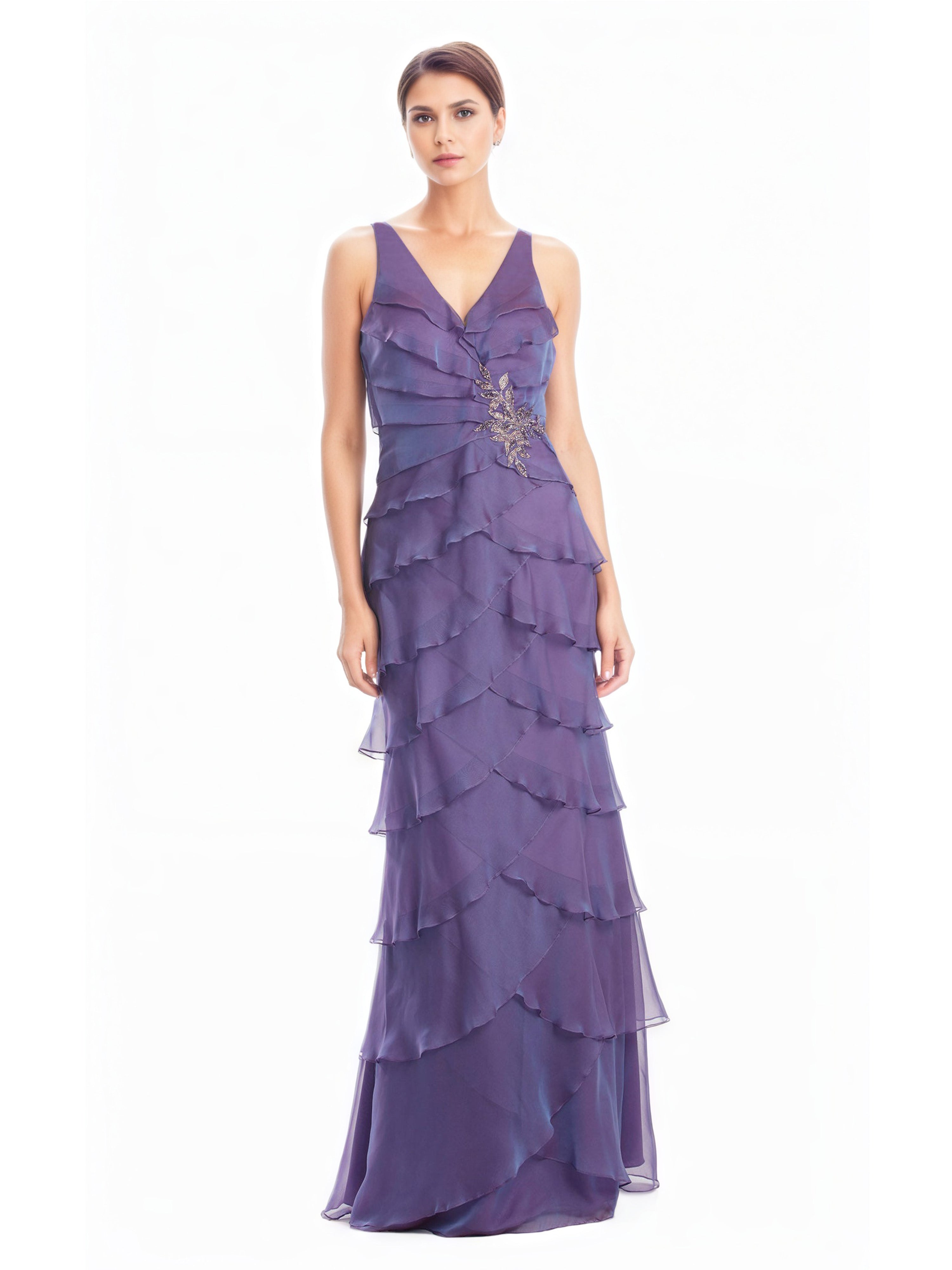 Tahiti Prom Dresses V-Neck Layer Ruffles Long Prom Dress with Shawl