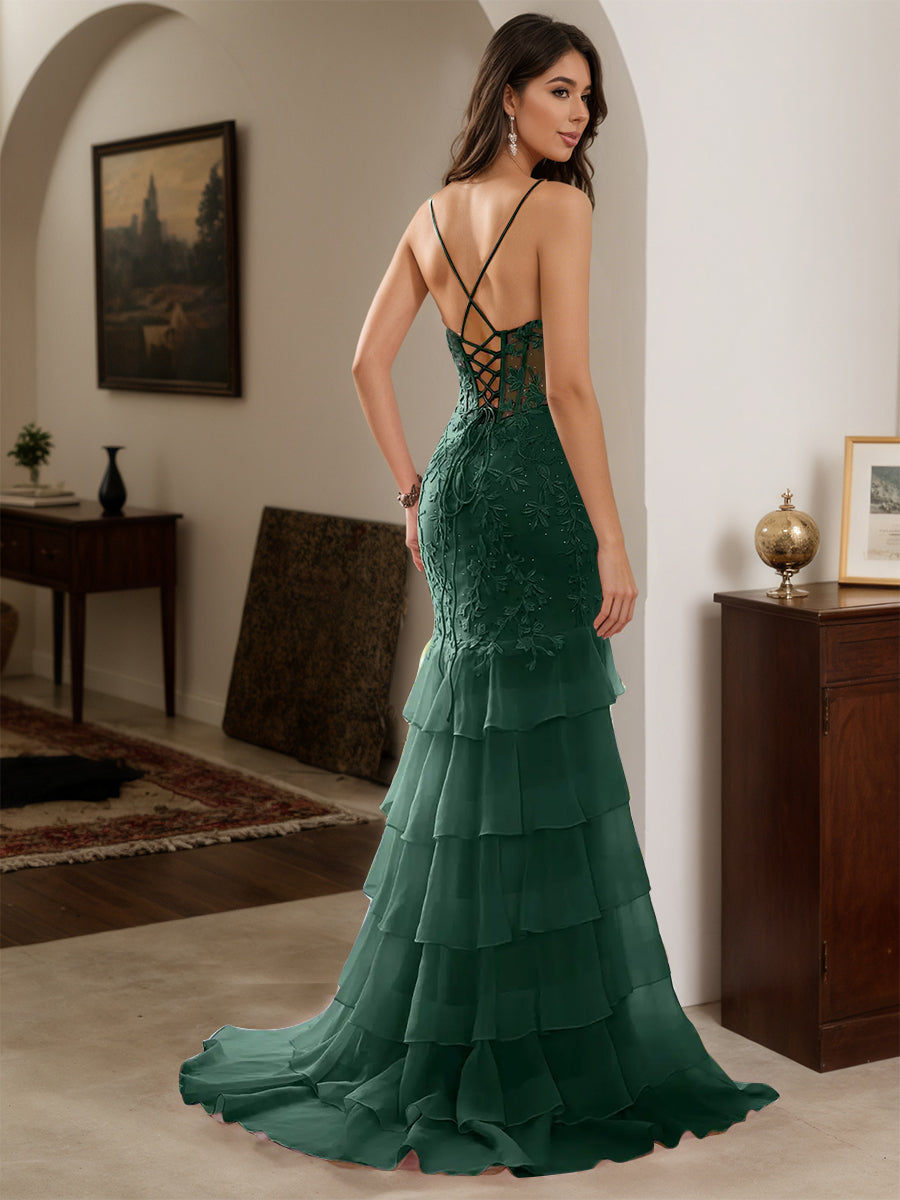 Cicinia Dark Green Prom Dresses Chiffon Appliques Lace Sheath Layers Spaghetti Straps Slit Evening Gown