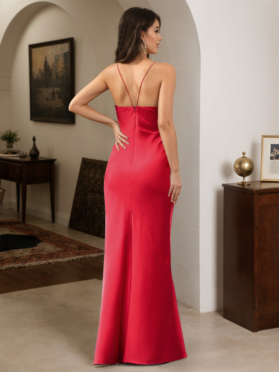 Cicinia Red Prom Dresses Soft Satin Chic Sheath Slit Spaghetti Straps Floor Length Evening Prom