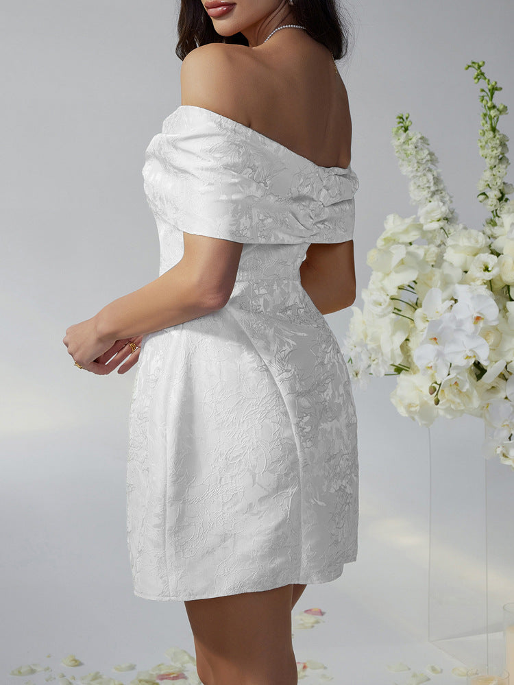 Illusion Bowknot Neck Strapless White Off The Shouder Wedding Guest Dress
