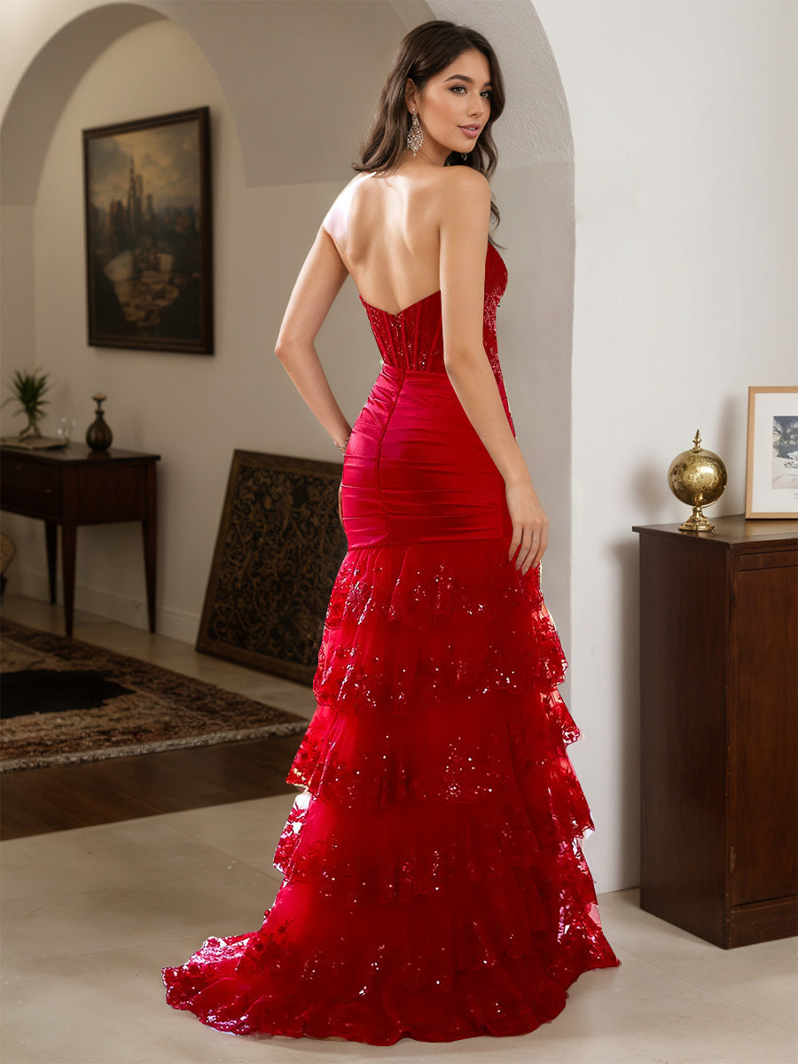 Cicinia Red Prom Dresses Lace Sequins Sheath Layers Slit Sweetheart Evening Gown