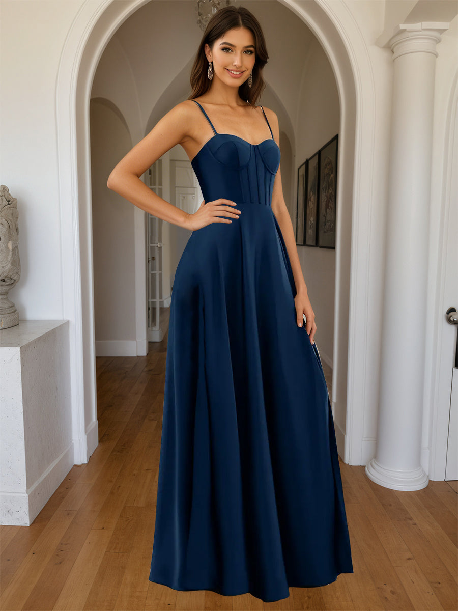 Cicinia Navy Blue Prom Dresses Satin Sweetheart A-Line Spaghetti Straps Floor Length with Split