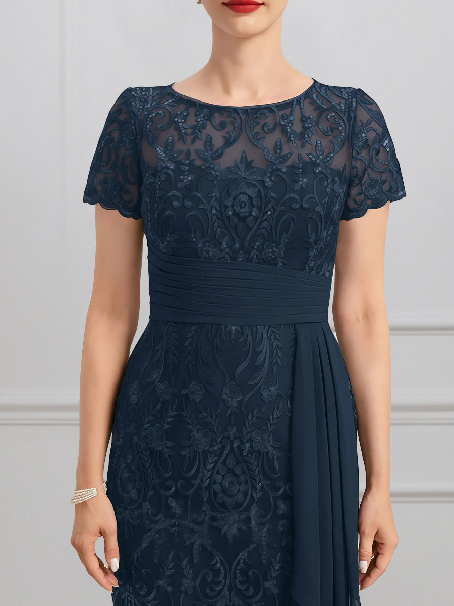 Cicinia Dark Navy Mother Of The Bride Dresses Chiffon Lace Sheath Knee Length Short Sleeves
