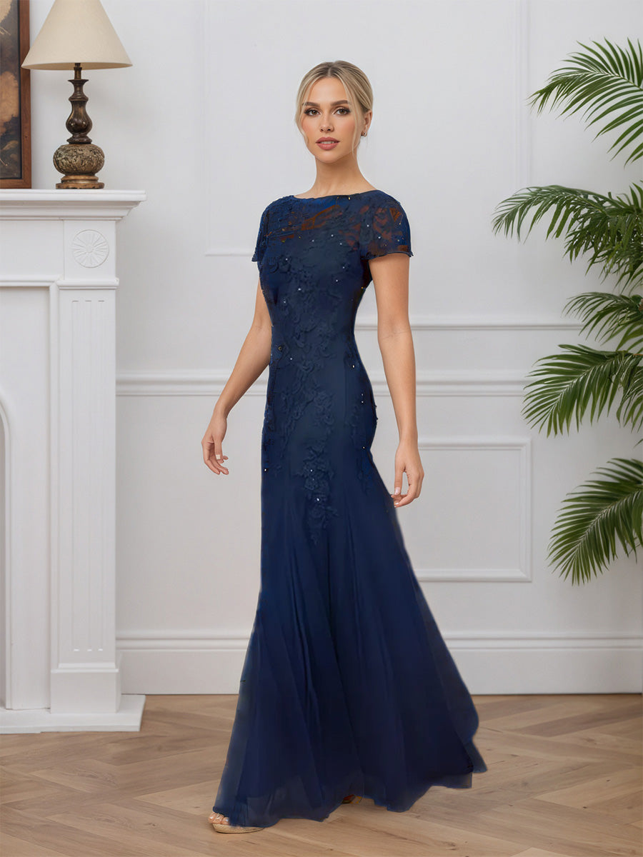Cicinia Dark Navy Mother Of The Bride Dresses Lace Tulle Mermaid Sleeves Long Floor Length