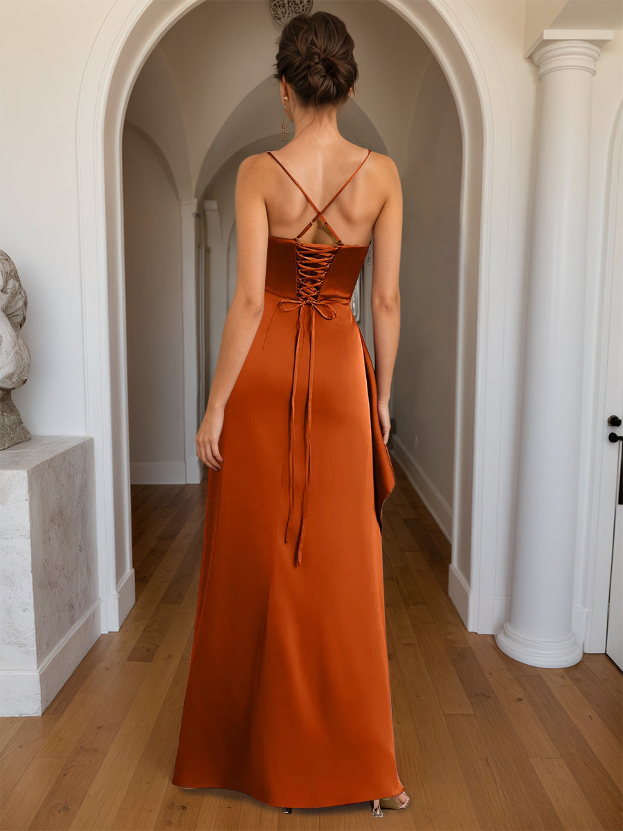 Cicinia Burnt Orange Prom Dresses Sheath Square Neckline Spaghetti Straps Slit Floor Length Long Prom