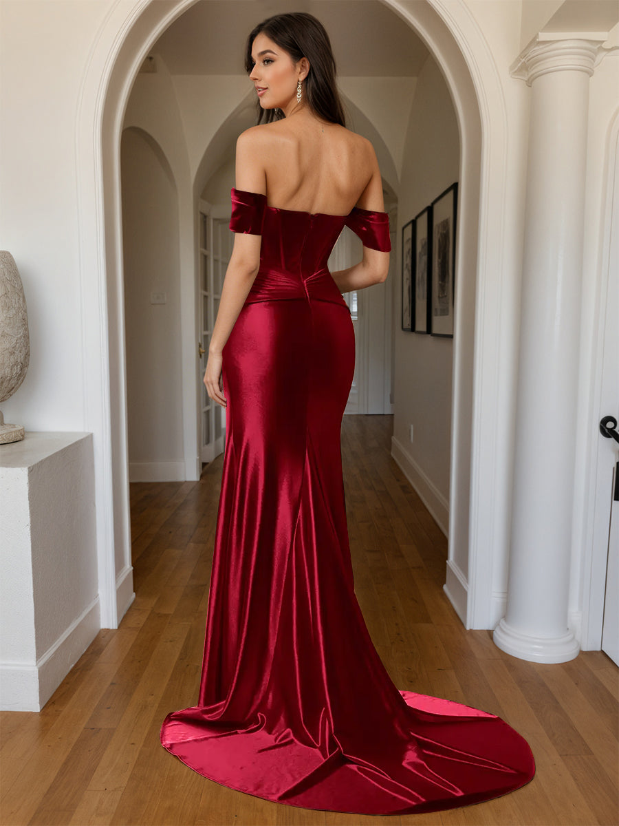 Cicinia Burgundy Prom Dresses Soft Satin Trumpet Off The Shoulder Sweep Train Evening Gowns with Split