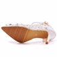 White Pointed Toe Lace Rhinestone Ankle Strap High Heel