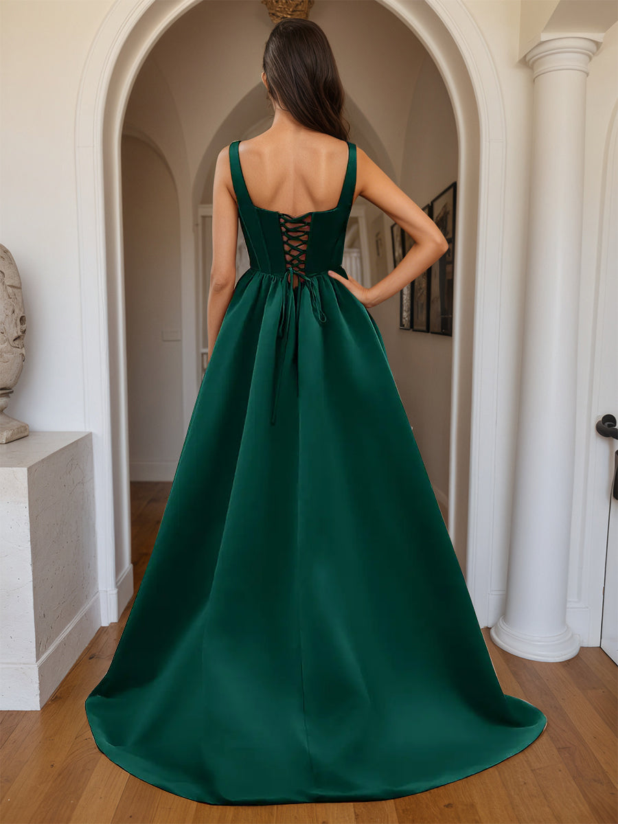 Cicinia Dark Green Prom Dresses Satin A-Line with Square Neckline Split Party Gowns