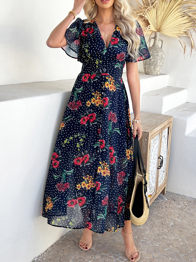 Dark Navy Sexy Deep V Chiffon Printed Floral Short Sleeves Wedding Guest Dress