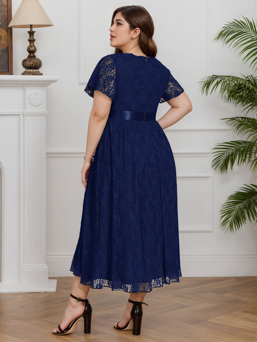 Cicinia Navy Blue Mother Of The Bride Dresses Lace A-Line Tea Length Short Sleeves Plus Size