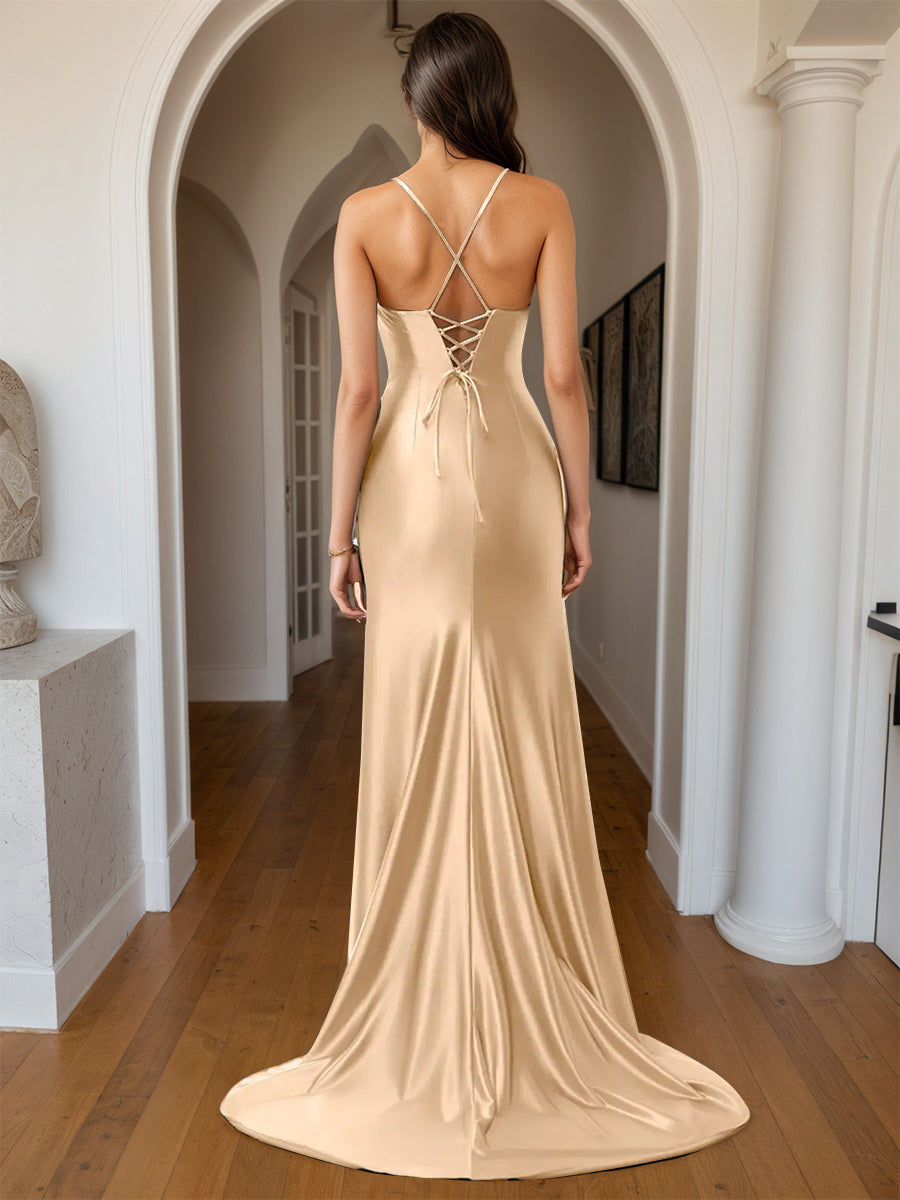 Cicinia Champagne Prom Dresses Soft Satin Sheath Spaghetti Straps Backless Slit Long Gown