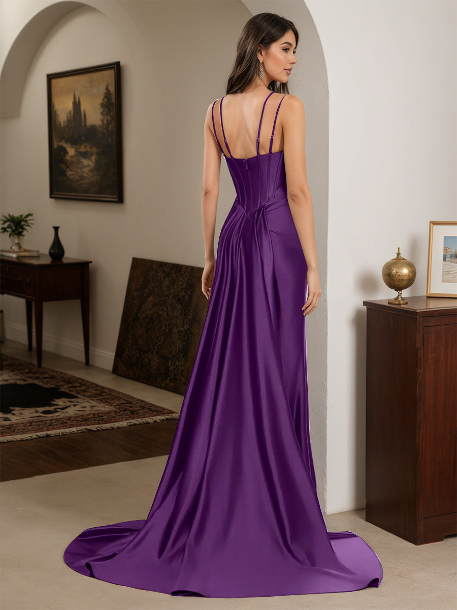 Cicinia Grape Prom Dresses Sheath Spaghetti Straps Beading Evening Dress with Split