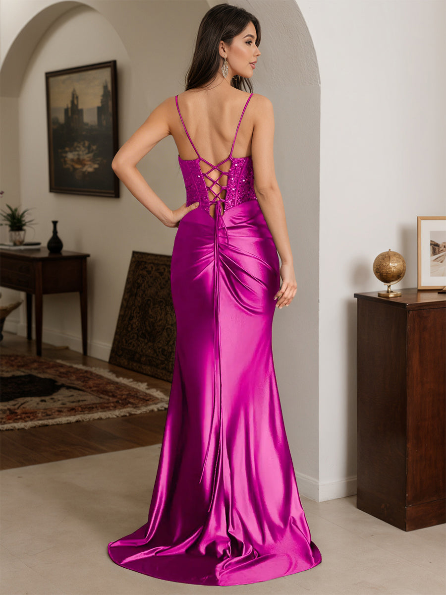 Cicinia Orchid Prom Dresses Stretch Satin Spaghetti Straps Trumpet Square Neckline Sweep Train Gowns