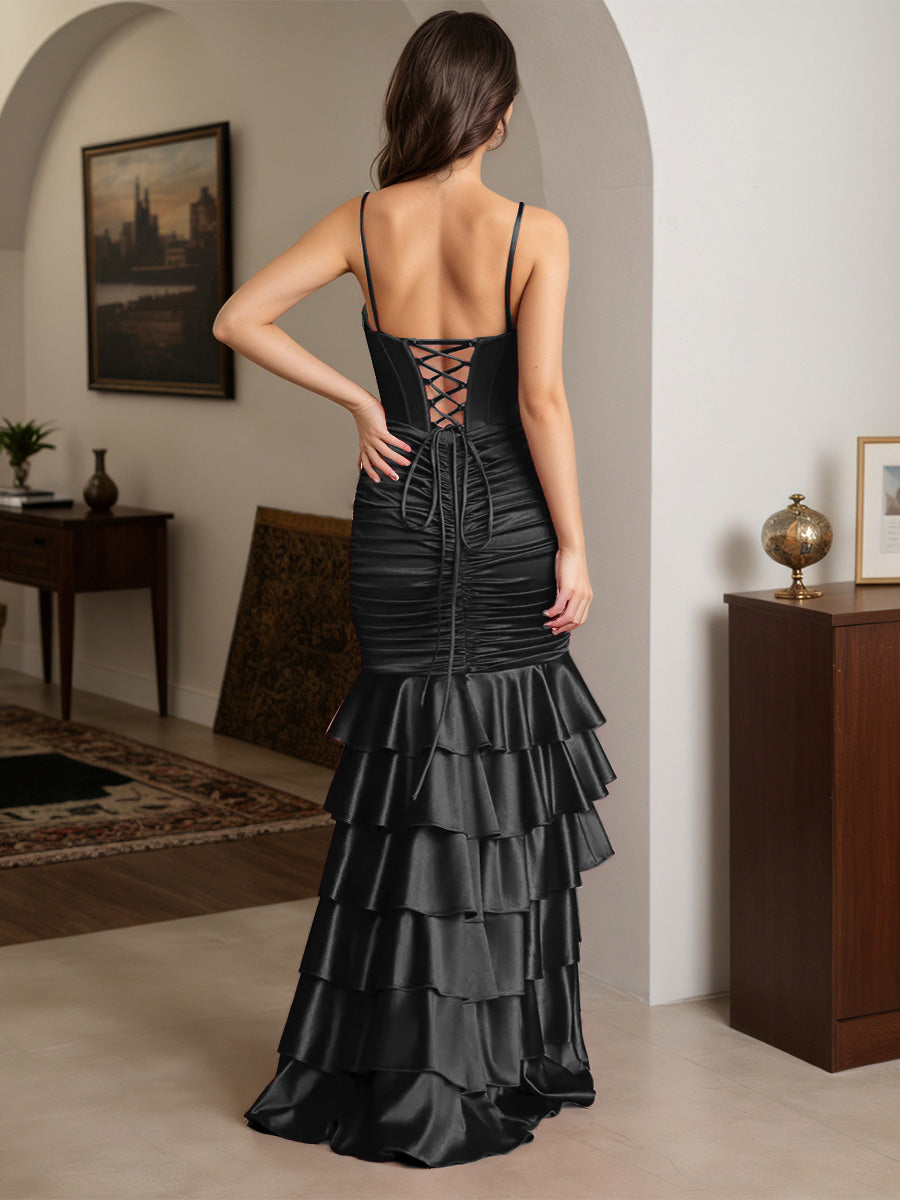 Cicinia Black Prom Dresses Stretch Satin Trumpet/Mermaid Layers Spaghetti Straps Gowns