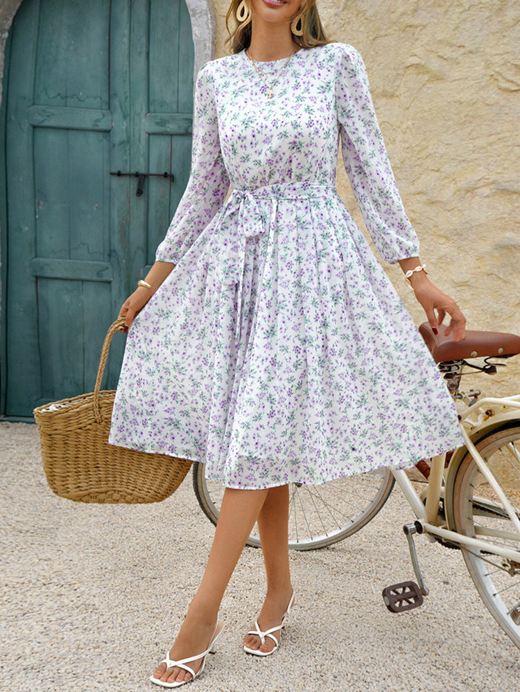 Jewel Long Sleeves Tea Length Lilac Wedding Guest Dress