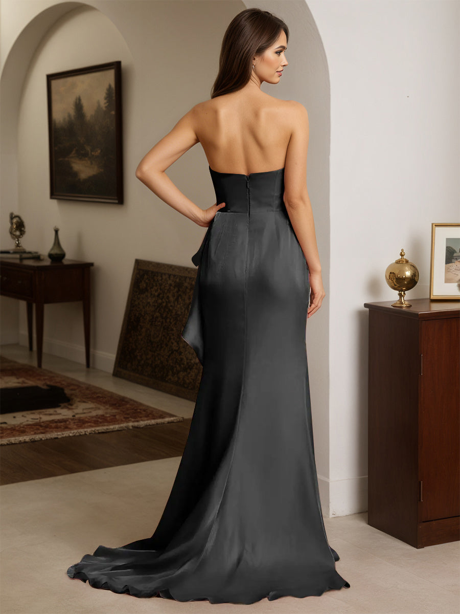 Cicinia Black Prom Dresses Strapless Sheath Slit Party Dress with Sweep Train