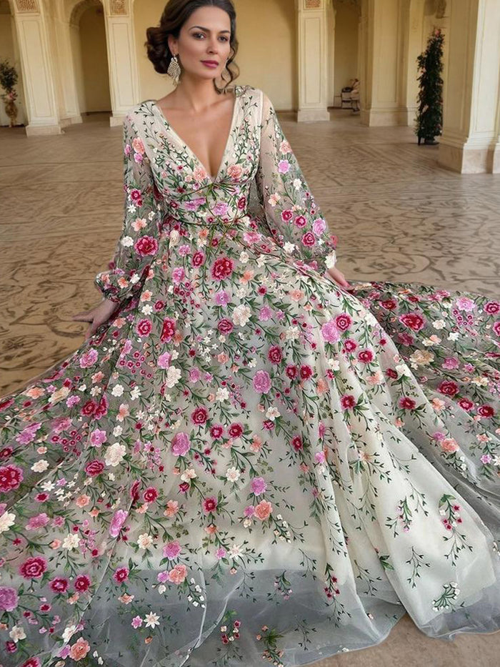 V-Neck Long Sleeves Floor Length Floral Mother of the Bride Dresses
