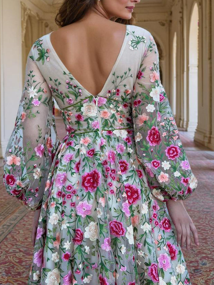 Floral V-Neck Long Sleeves Lace Mother of the Bride Dress