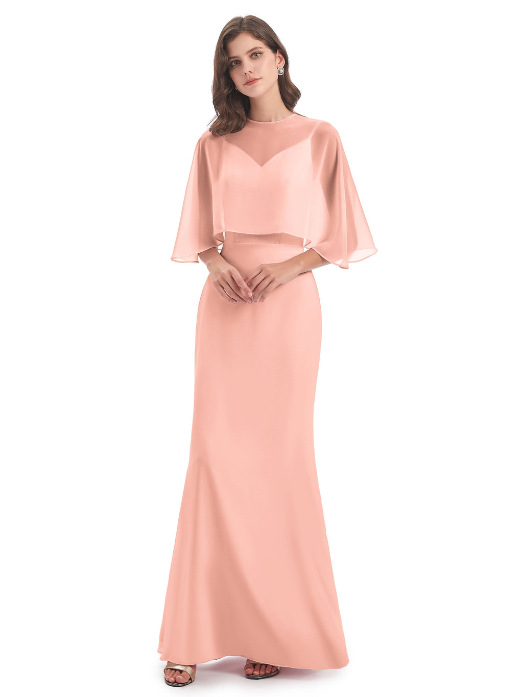 Coral Bridesmaids Tara Vintage Trumpet-Hourglass Long Chiffon Bridesma