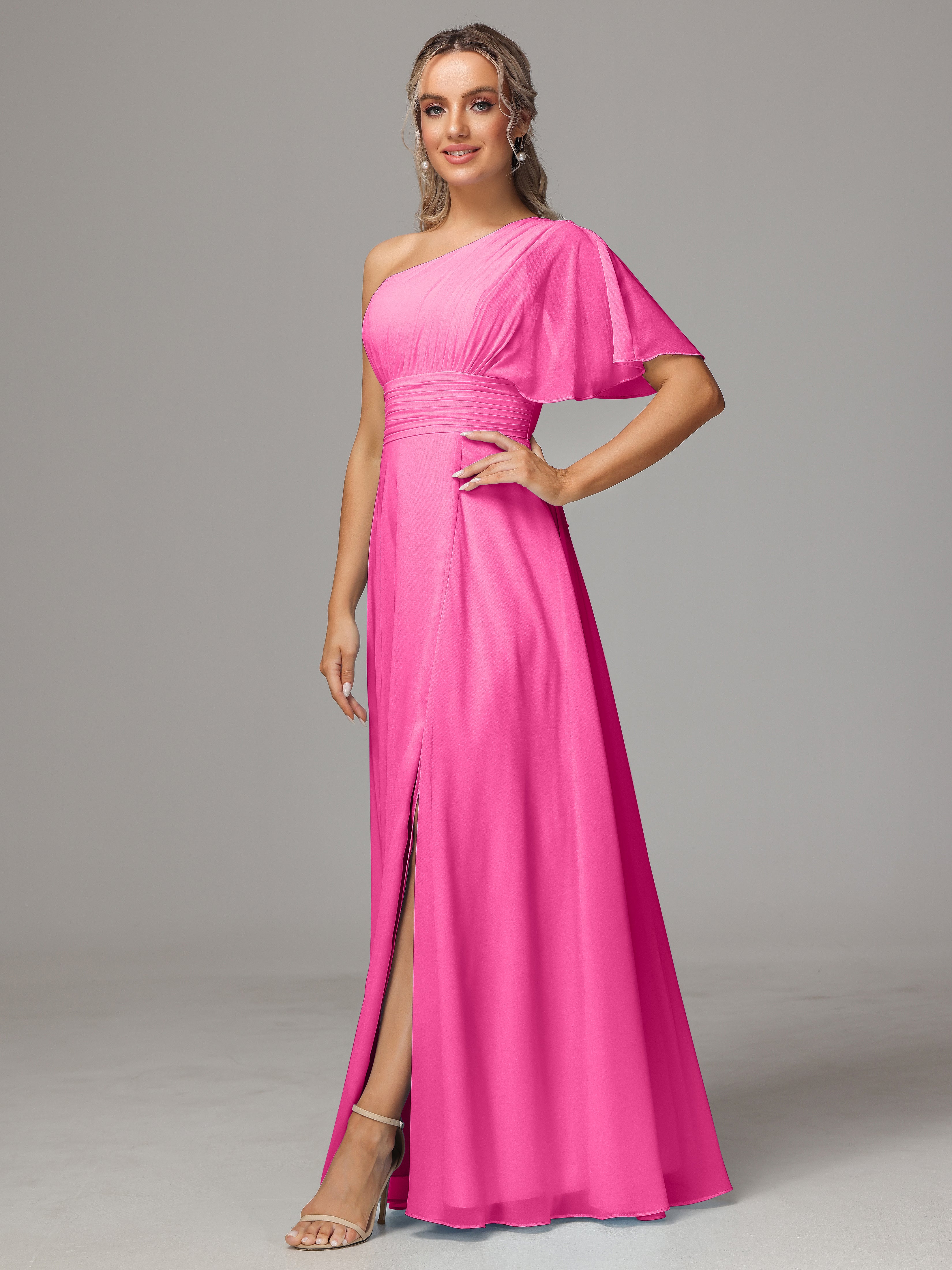 One Shoulder Ruffles Chiffon Bridesmaid Dresses With Split