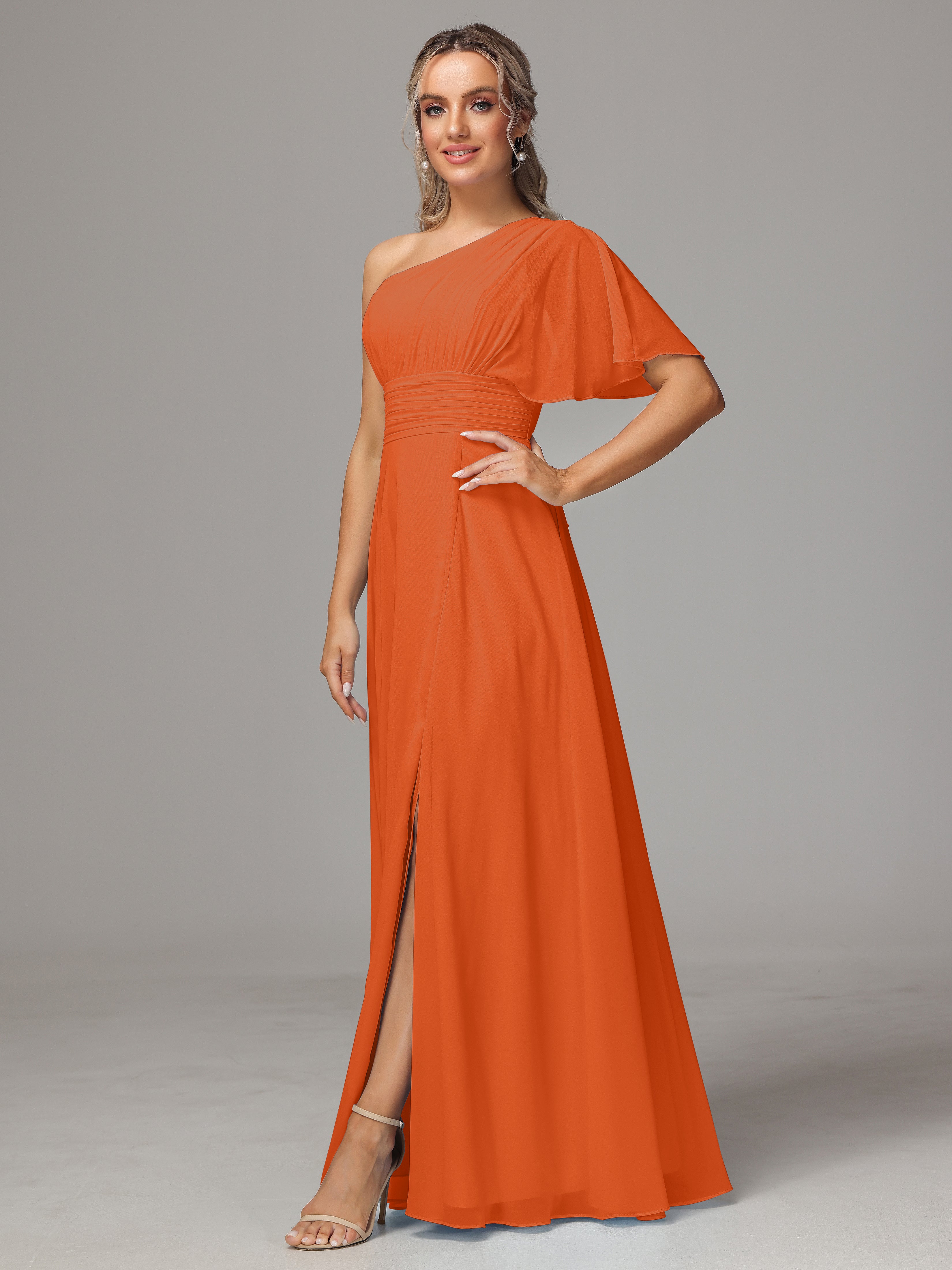 One Shoulder Ruffles Chiffon Bridesmaid Dresses With Split