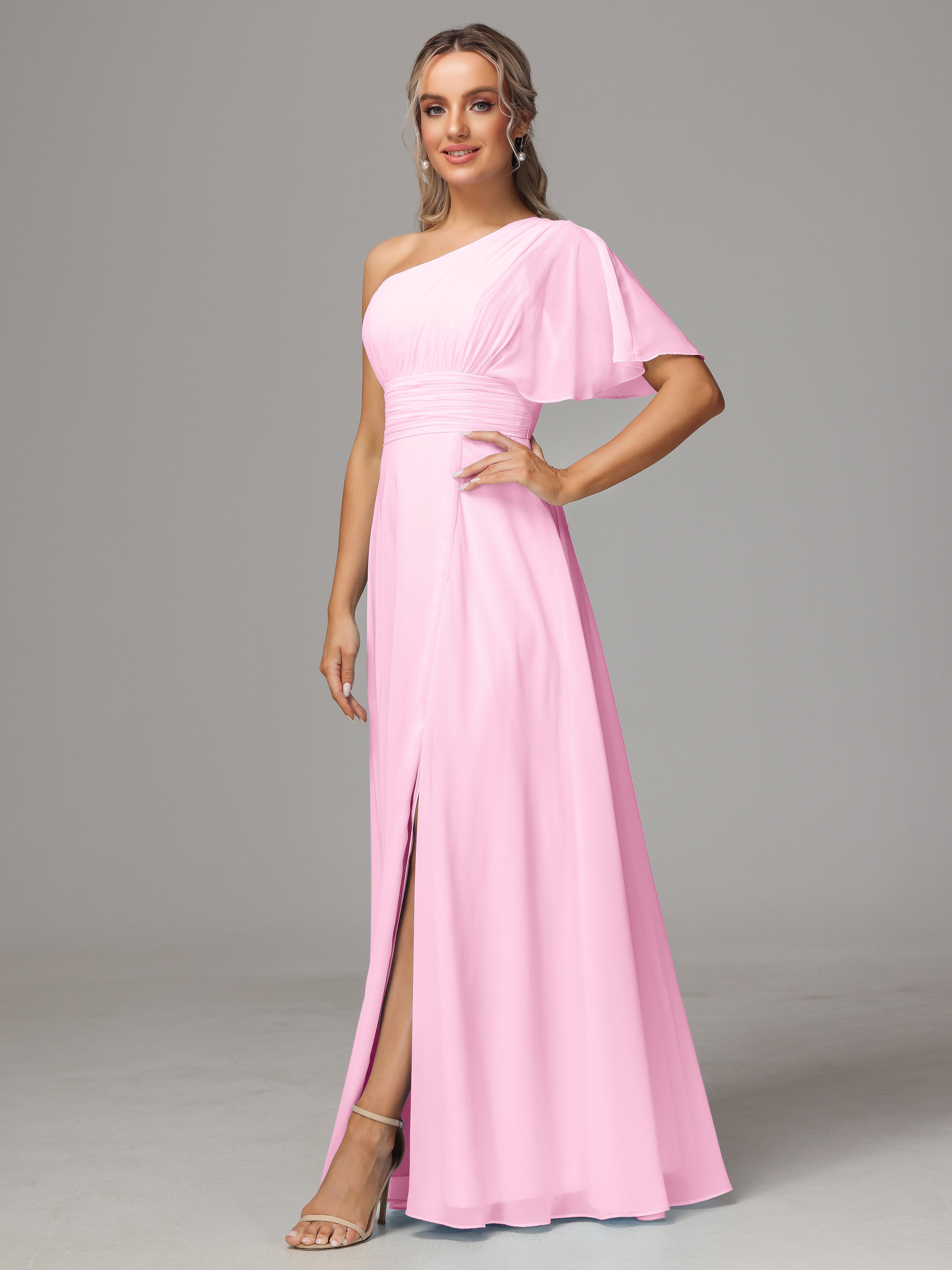 One Shoulder Ruffles Chiffon Bridesmaid Dresses With Split