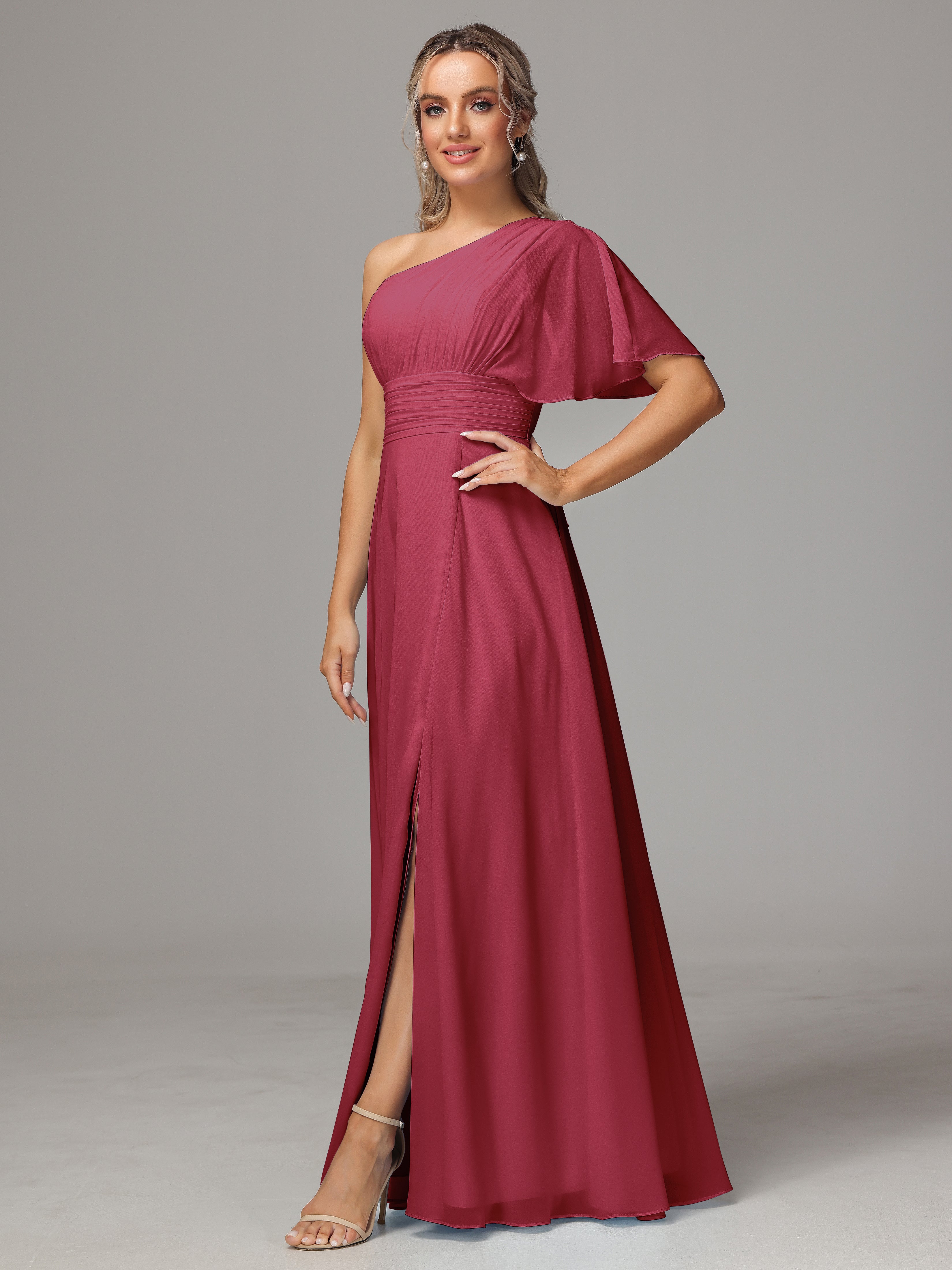 One Shoulder Ruffles Chiffon Bridesmaid Dresses With Split