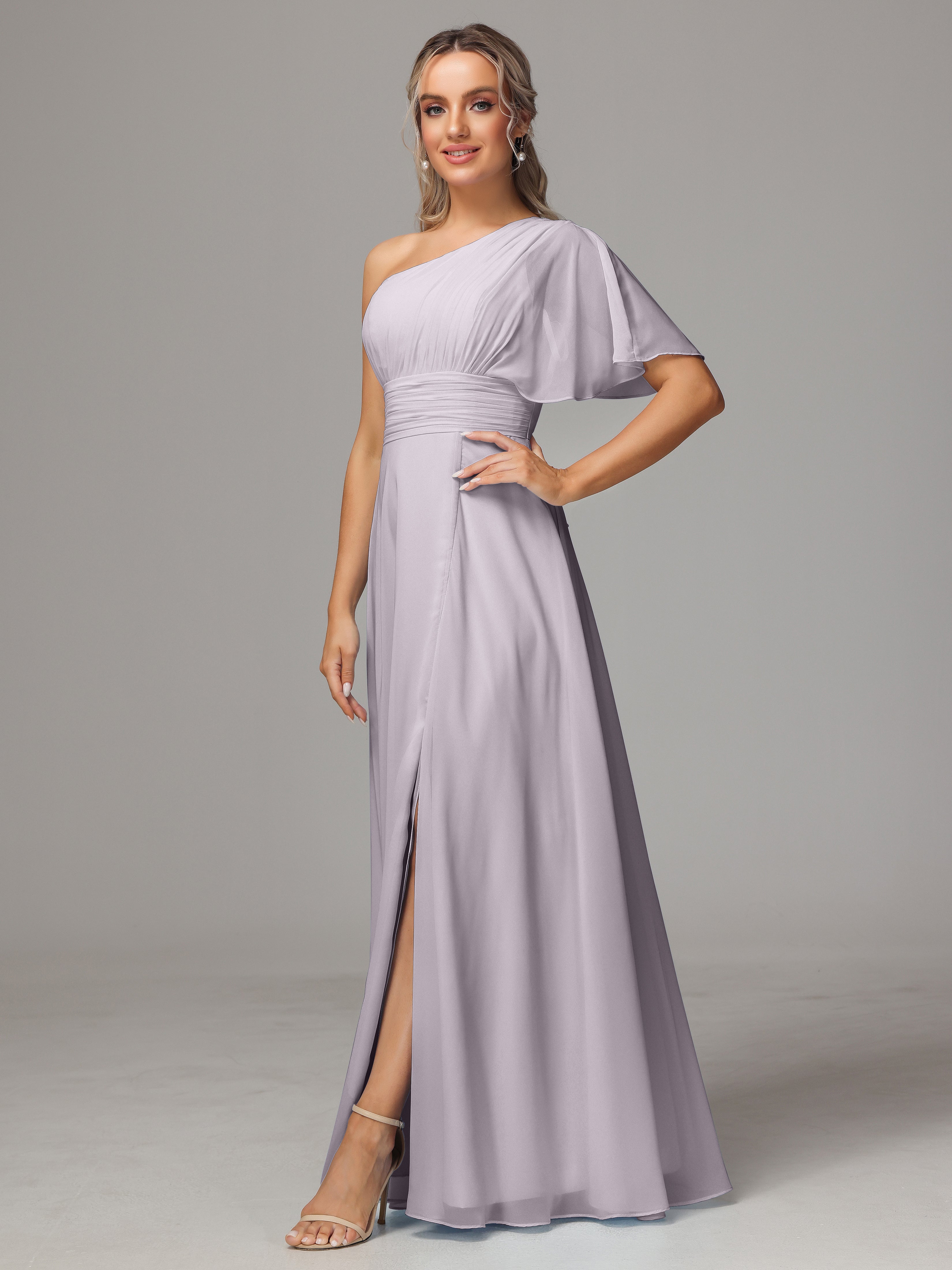 One Shoulder Ruffles Chiffon Bridesmaid Dresses With Split