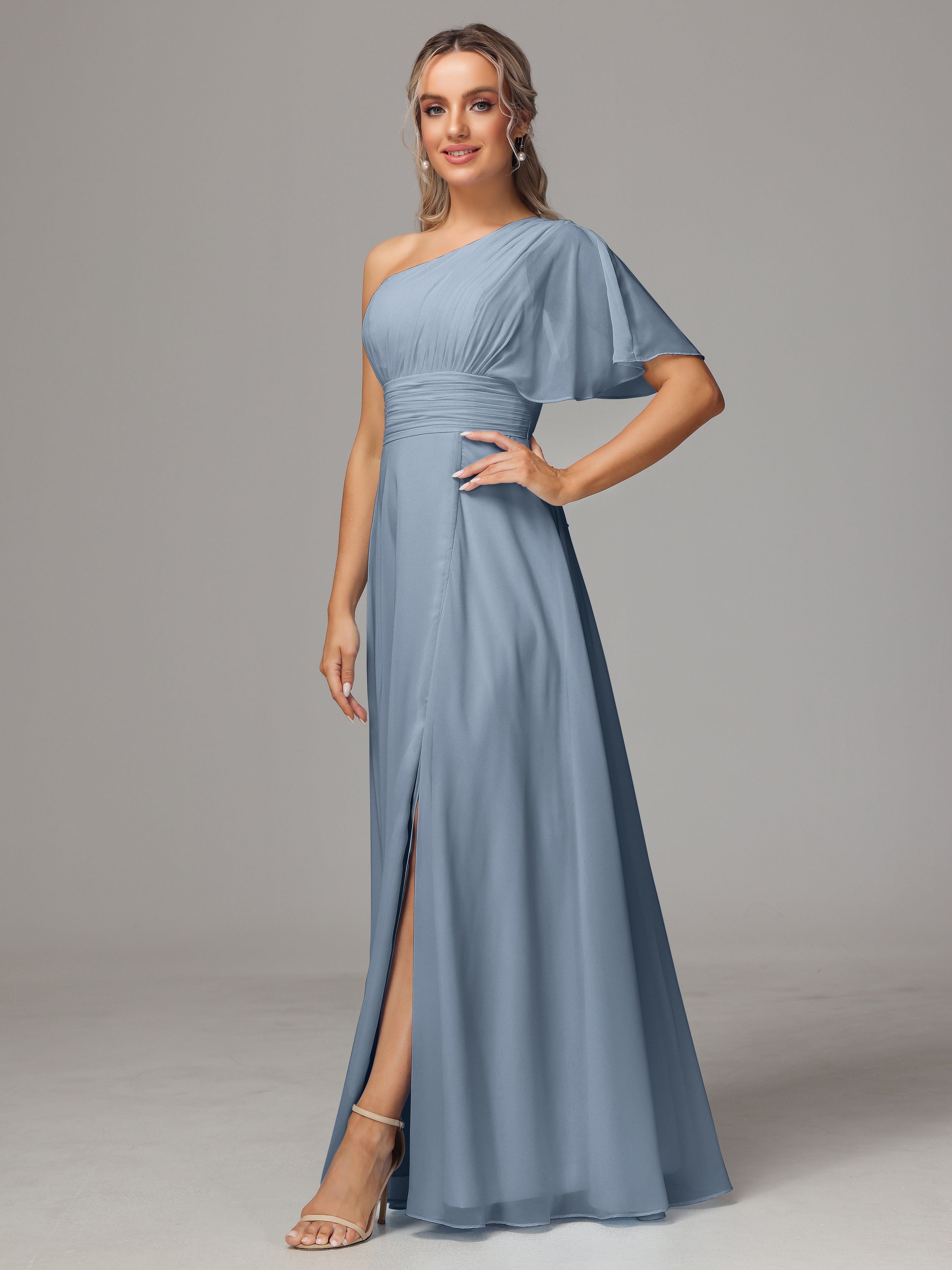 One Shoulder Ruffles Chiffon Bridesmaid Dresses With Split