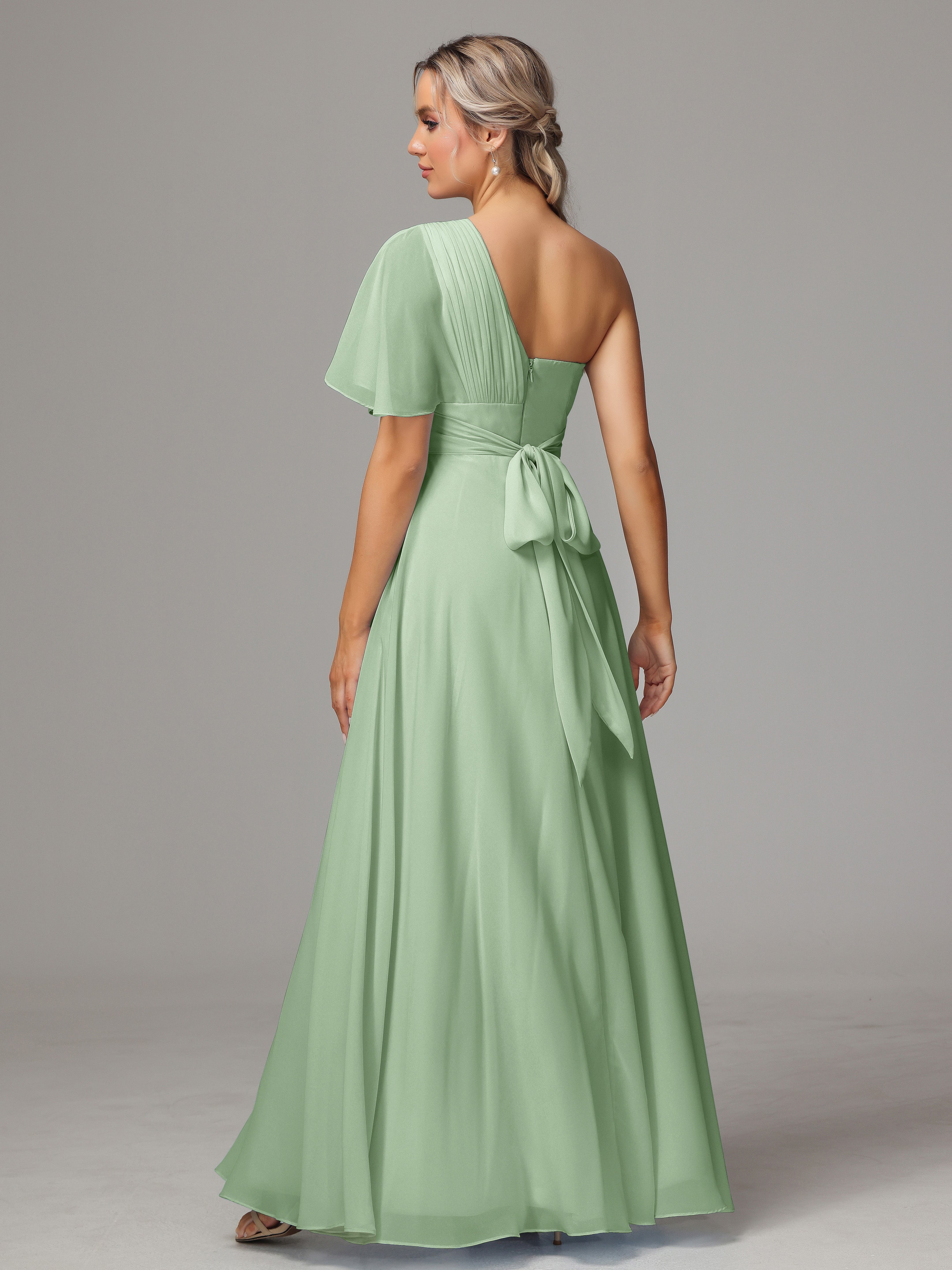 One Shoulder Ruffles Chiffon Bridesmaid Dresses With Split