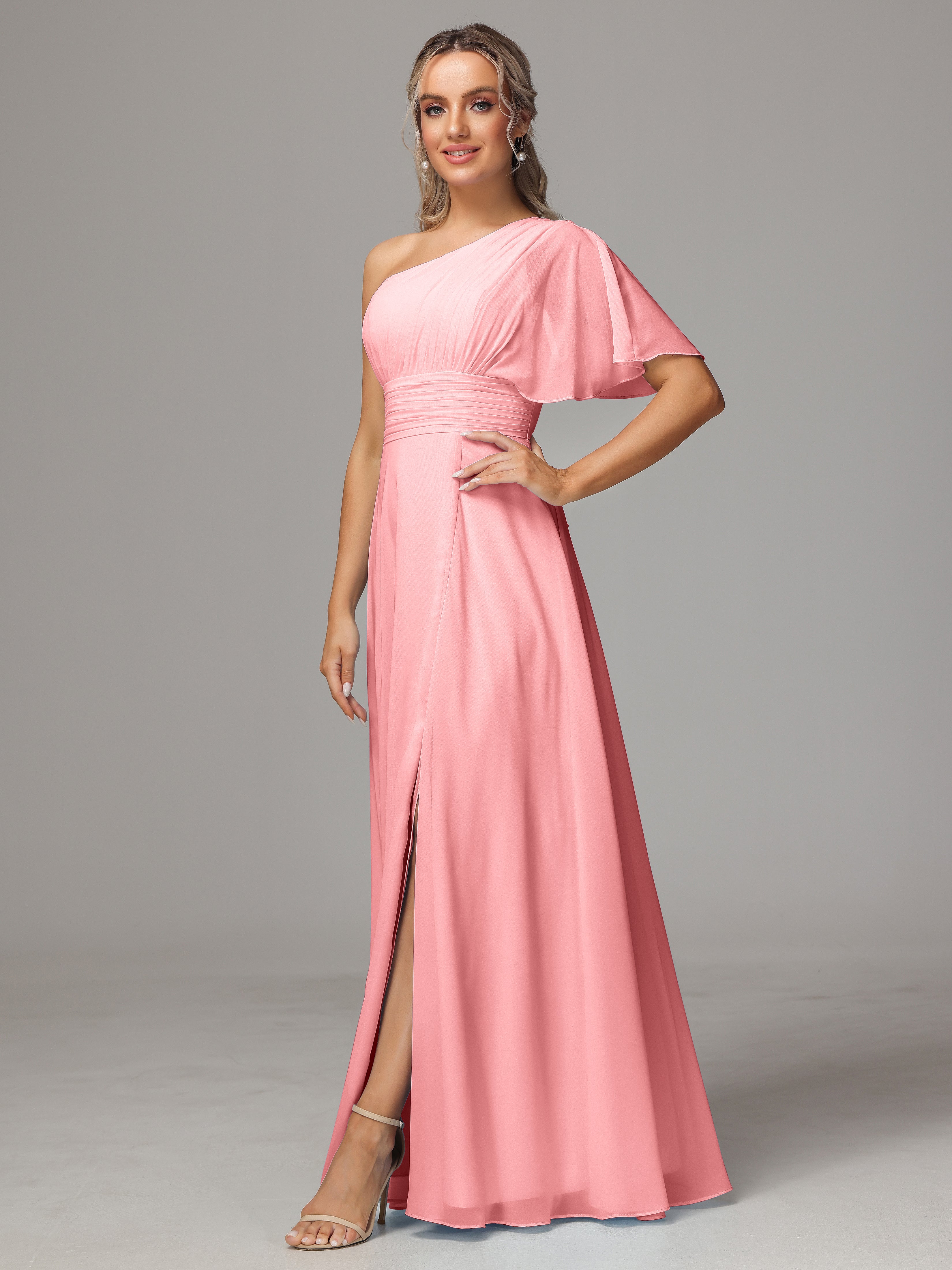 One Shoulder Ruffles Chiffon Bridesmaid Dresses With Split