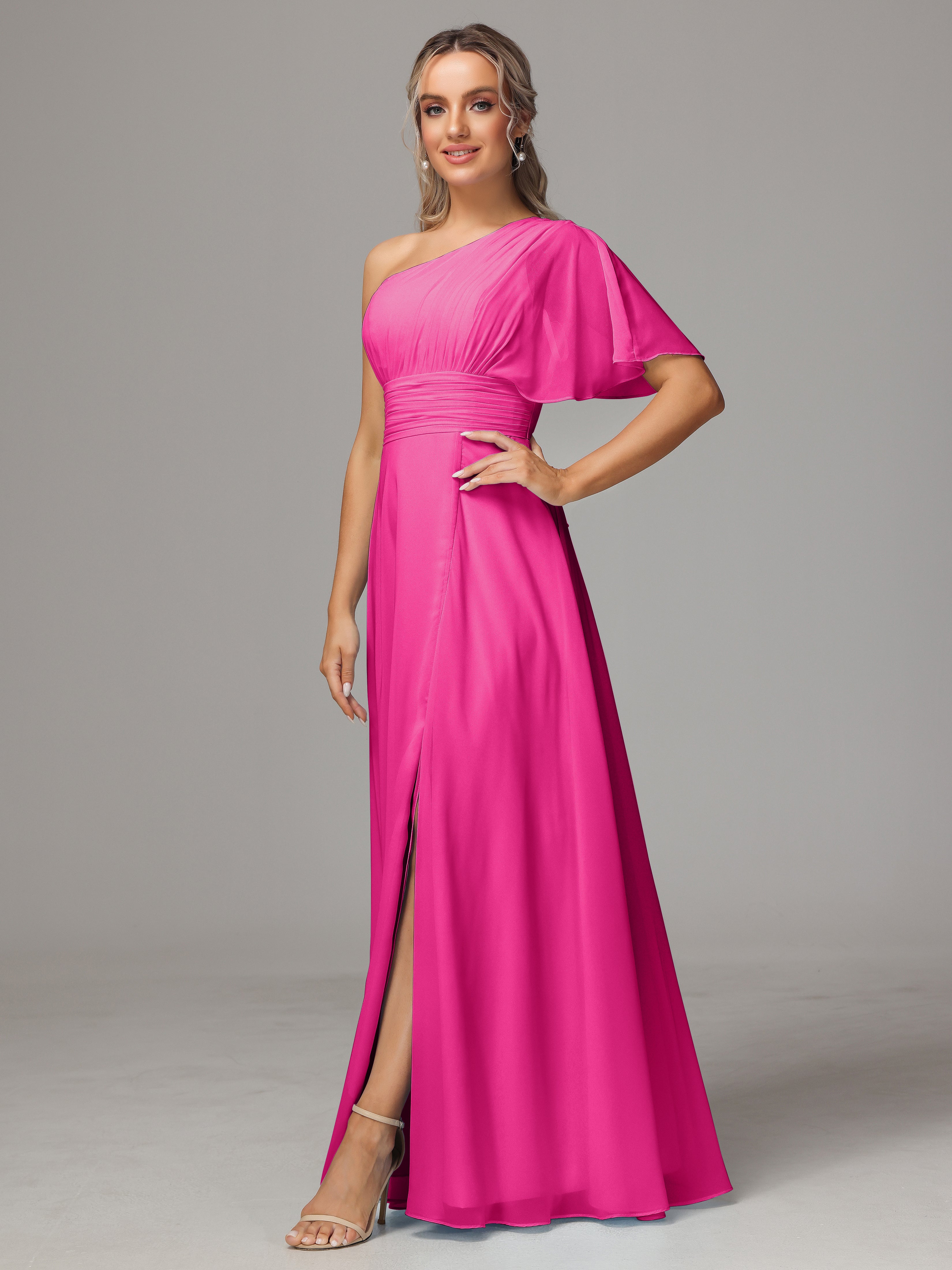 One Shoulder Ruffles Chiffon Bridesmaid Dresses With Split