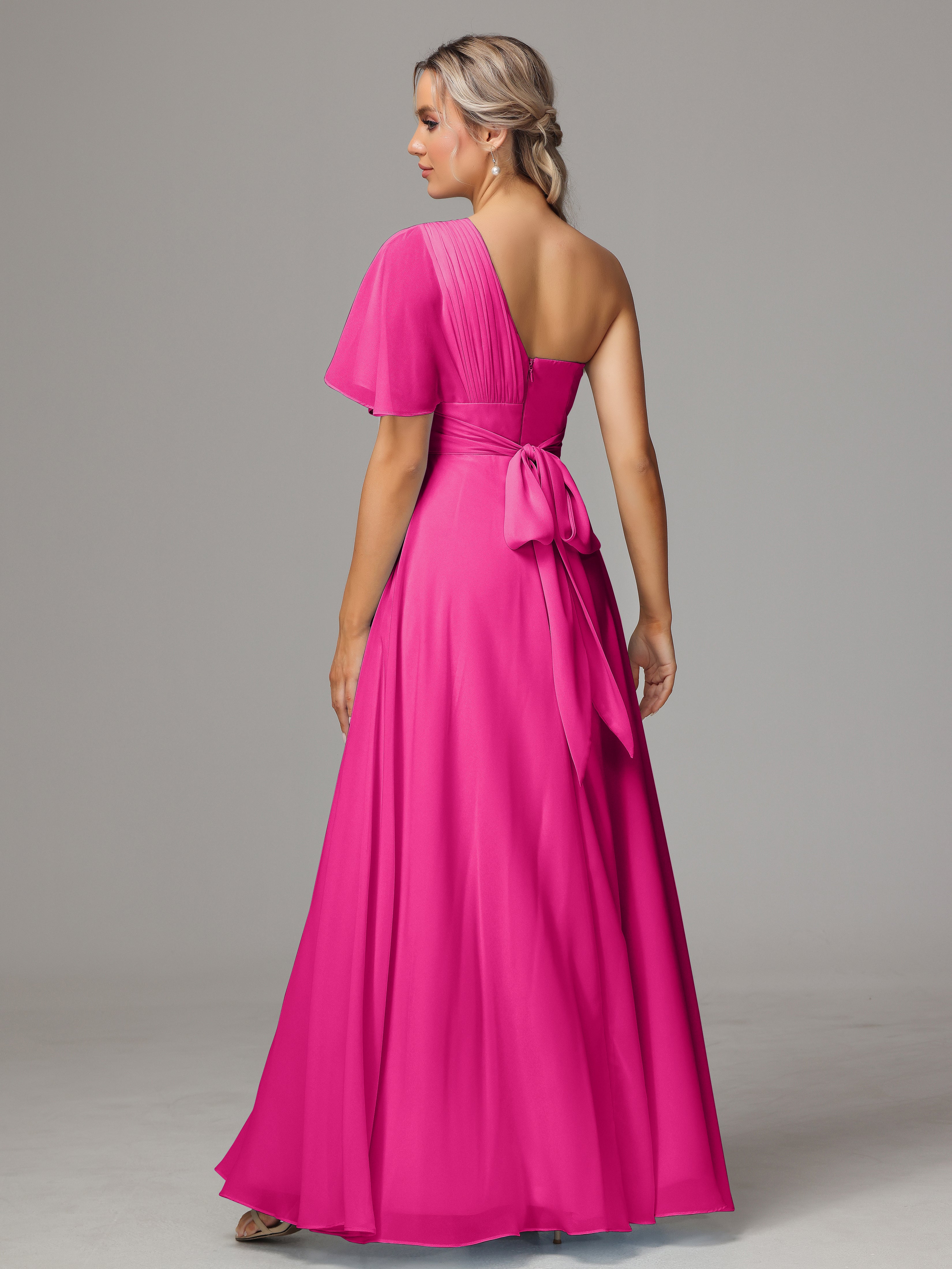 One Shoulder Ruffles Chiffon Bridesmaid Dresses With Split