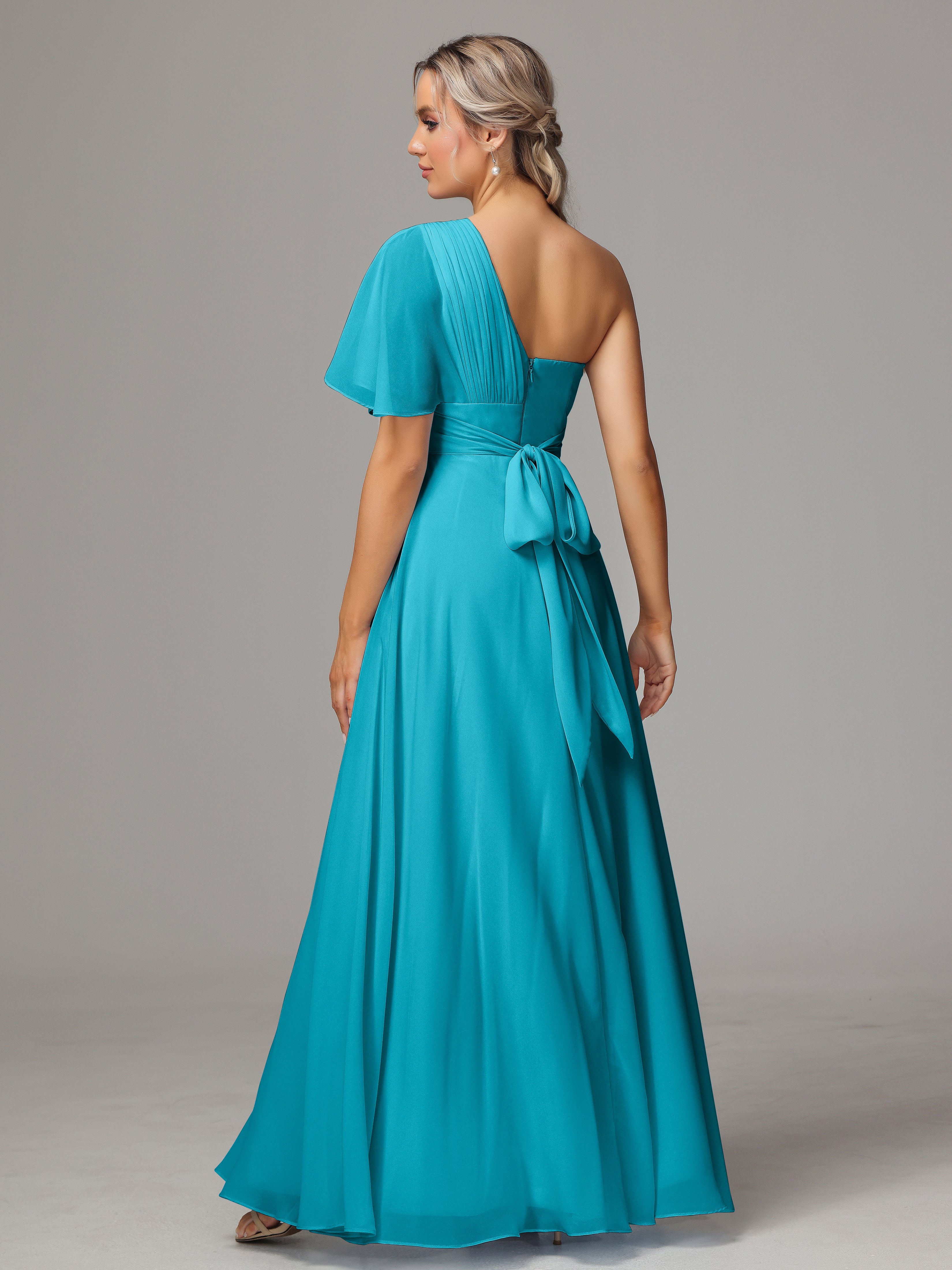 One Shoulder Ruffles Chiffon Bridesmaid Dresses With Split