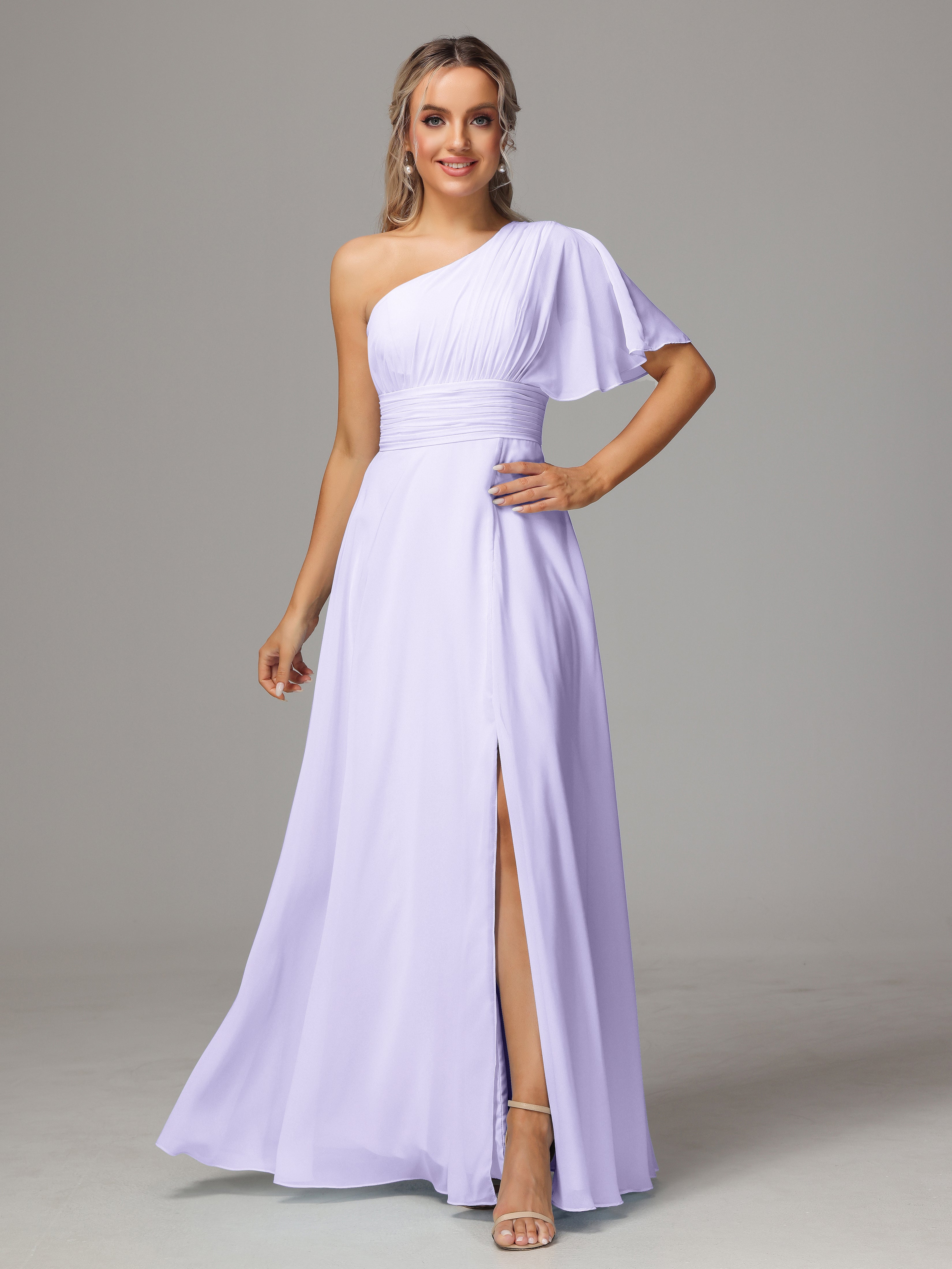 Lilac Purple Bridesmaid Dresses One Shoulder Ruffles Chiffon Bridesmai
