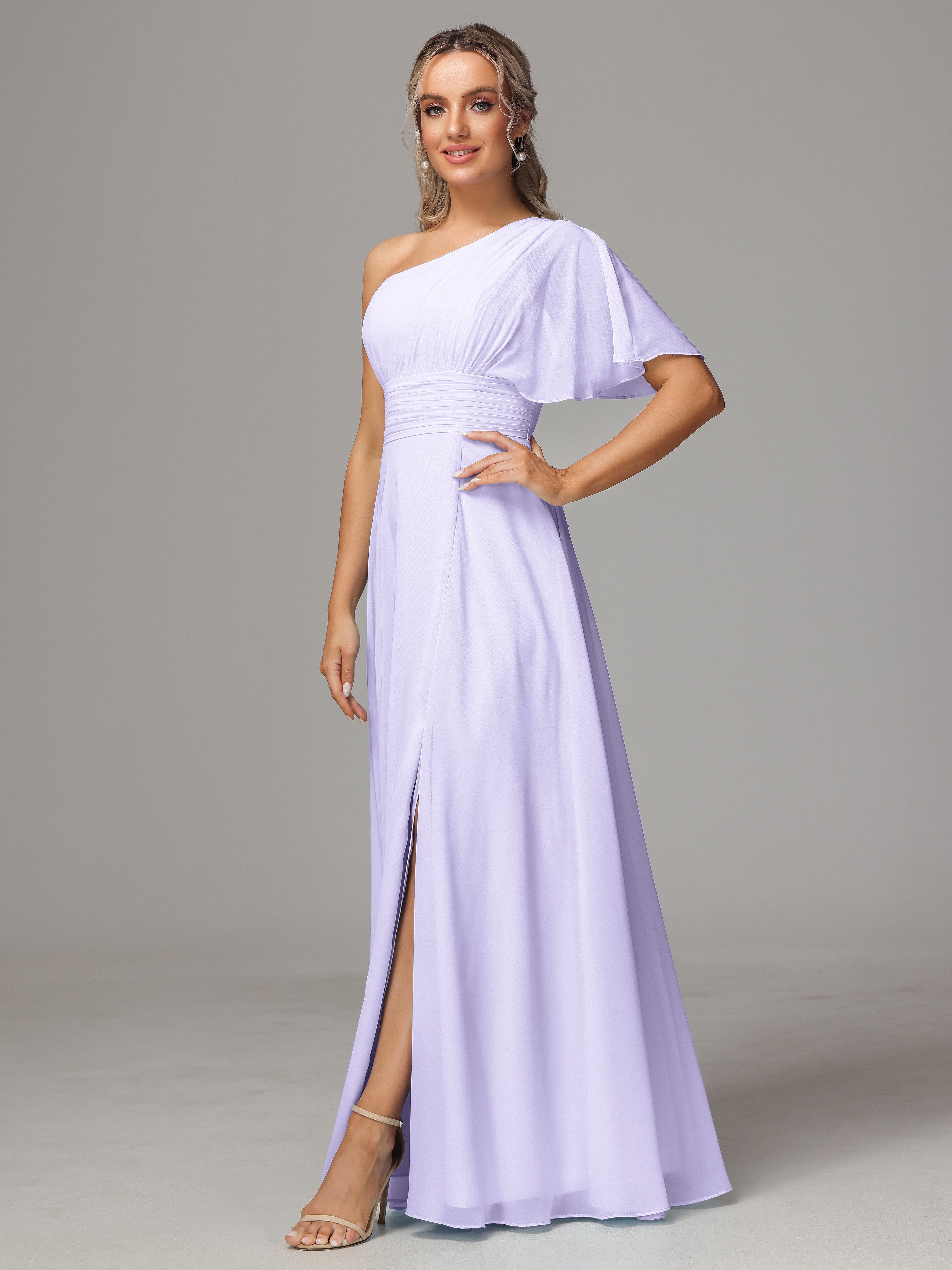 One Shoulder Ruffles Chiffon Bridesmaid Dresses With Split