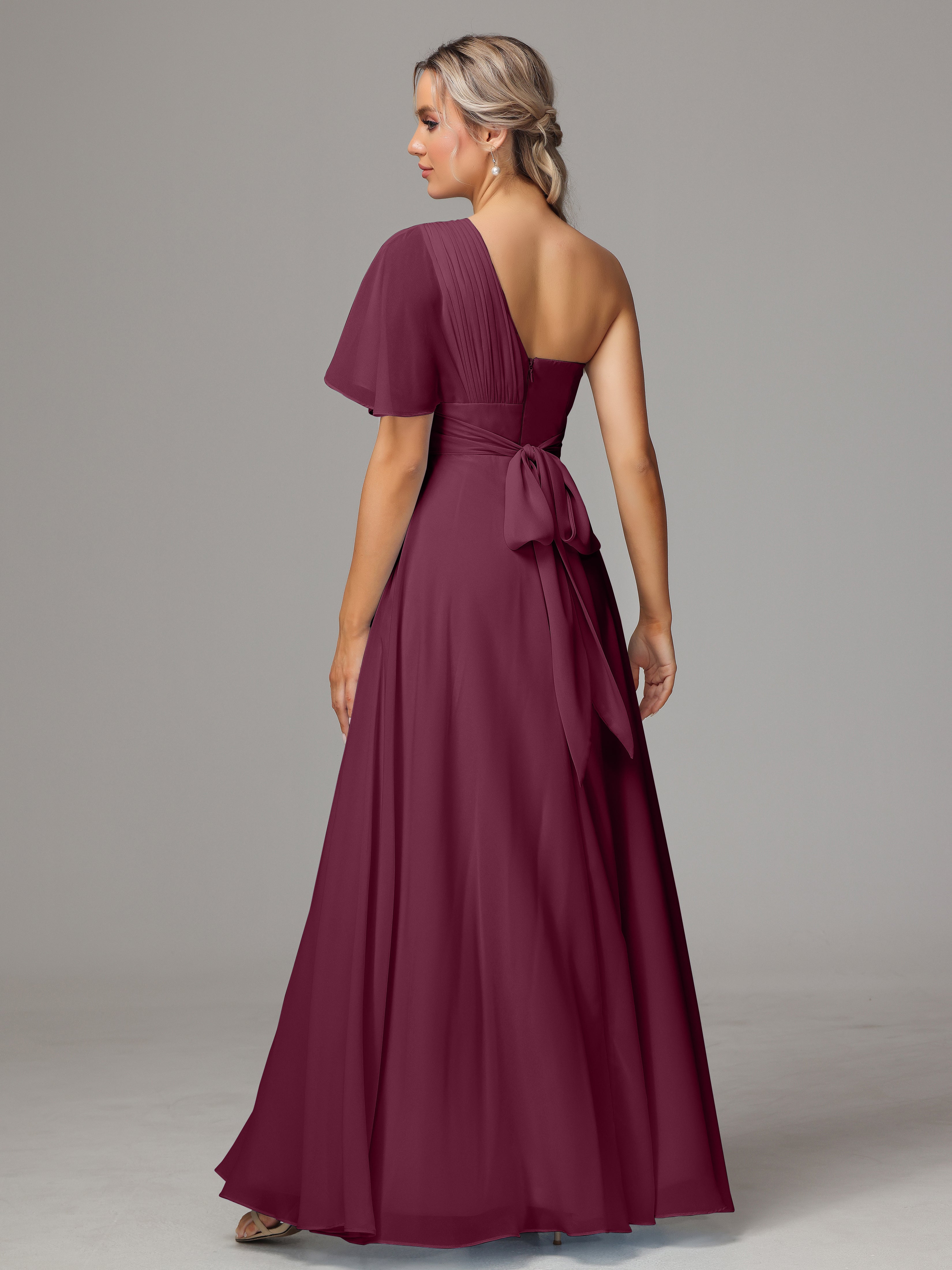 One Shoulder Ruffles Chiffon Bridesmaid Dresses With Split