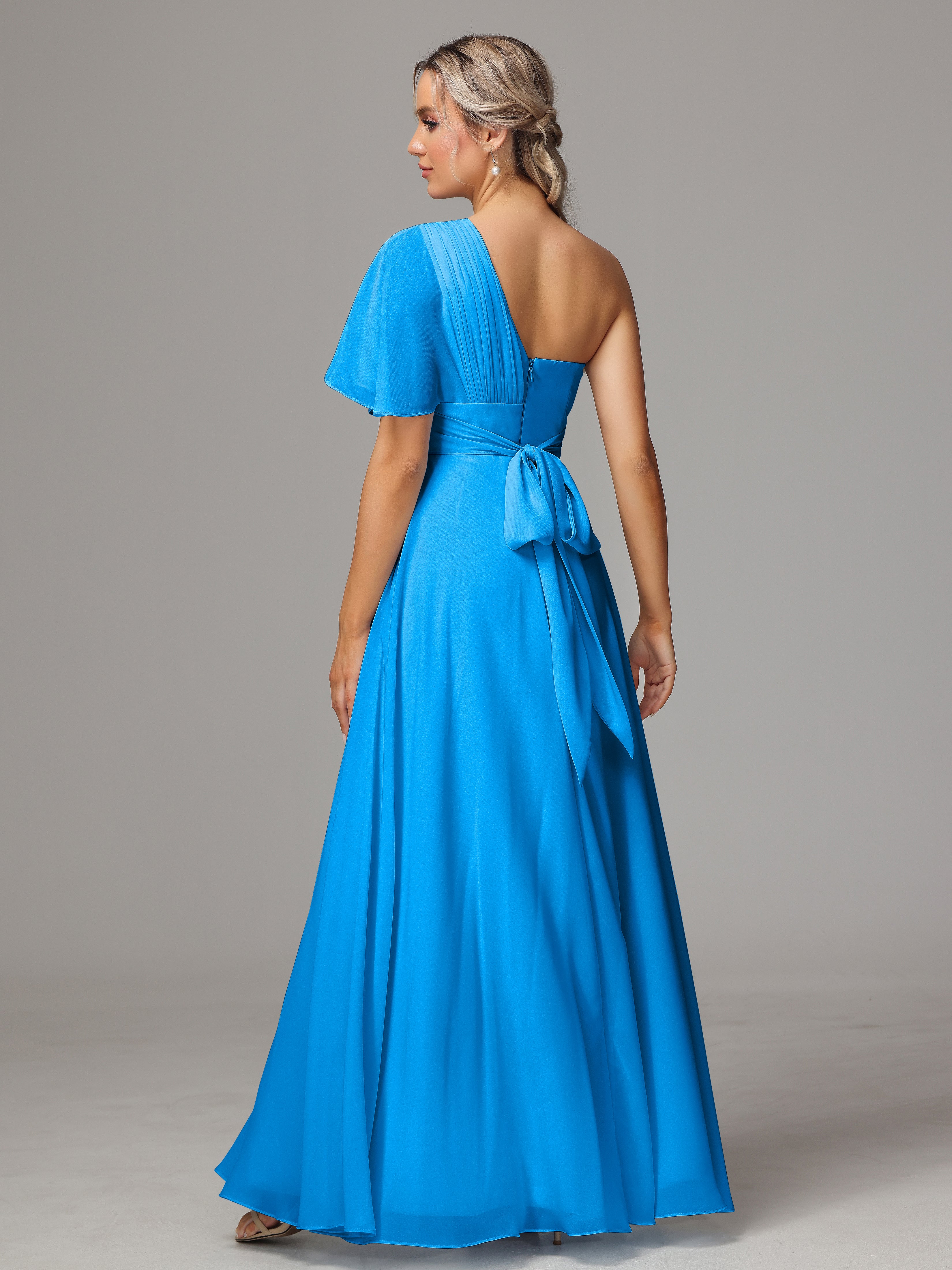 One Shoulder Ruffles Chiffon Bridesmaid Dresses With Split