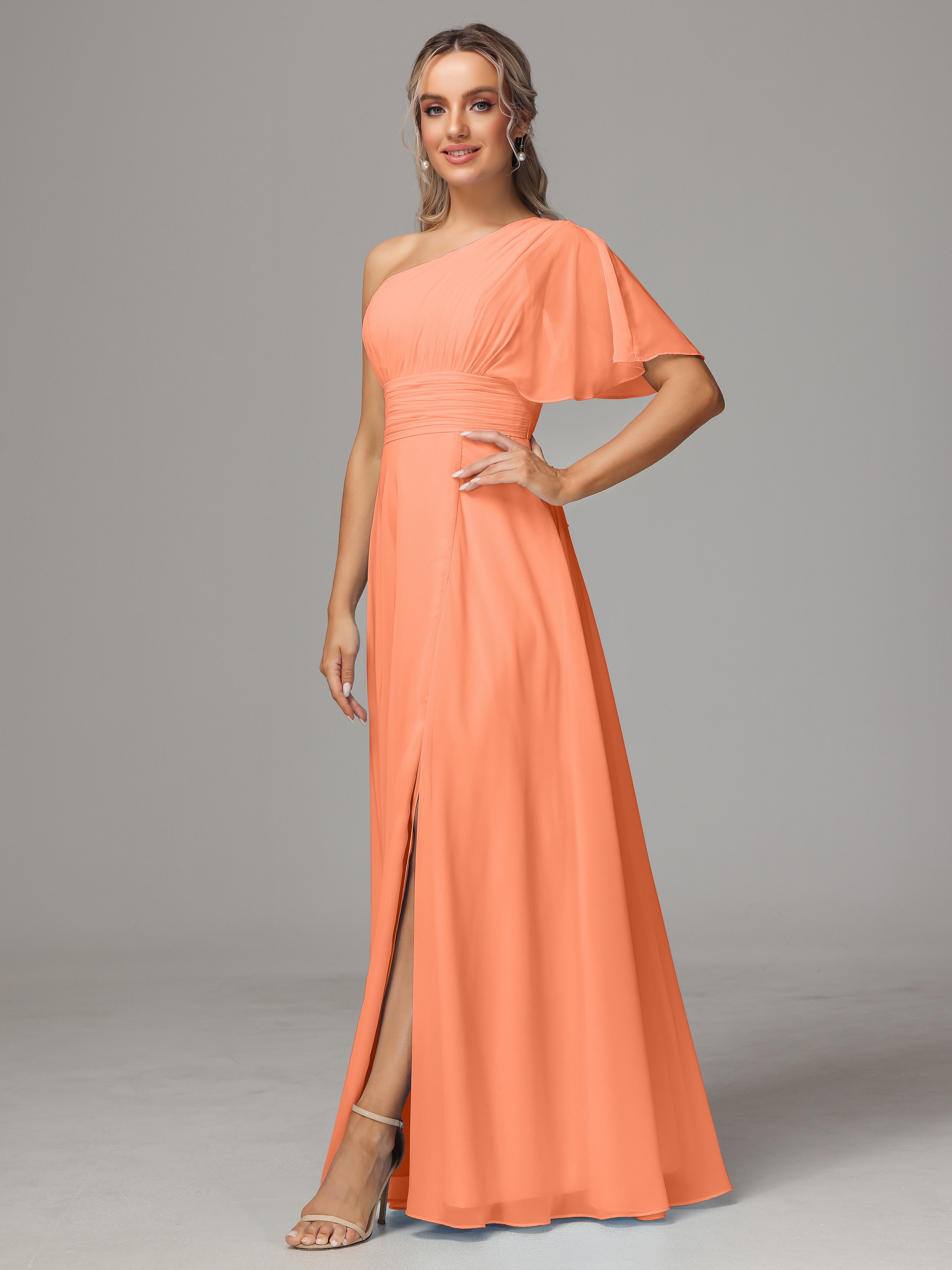 One Shoulder Ruffles Chiffon Bridesmaid Dresses With Split