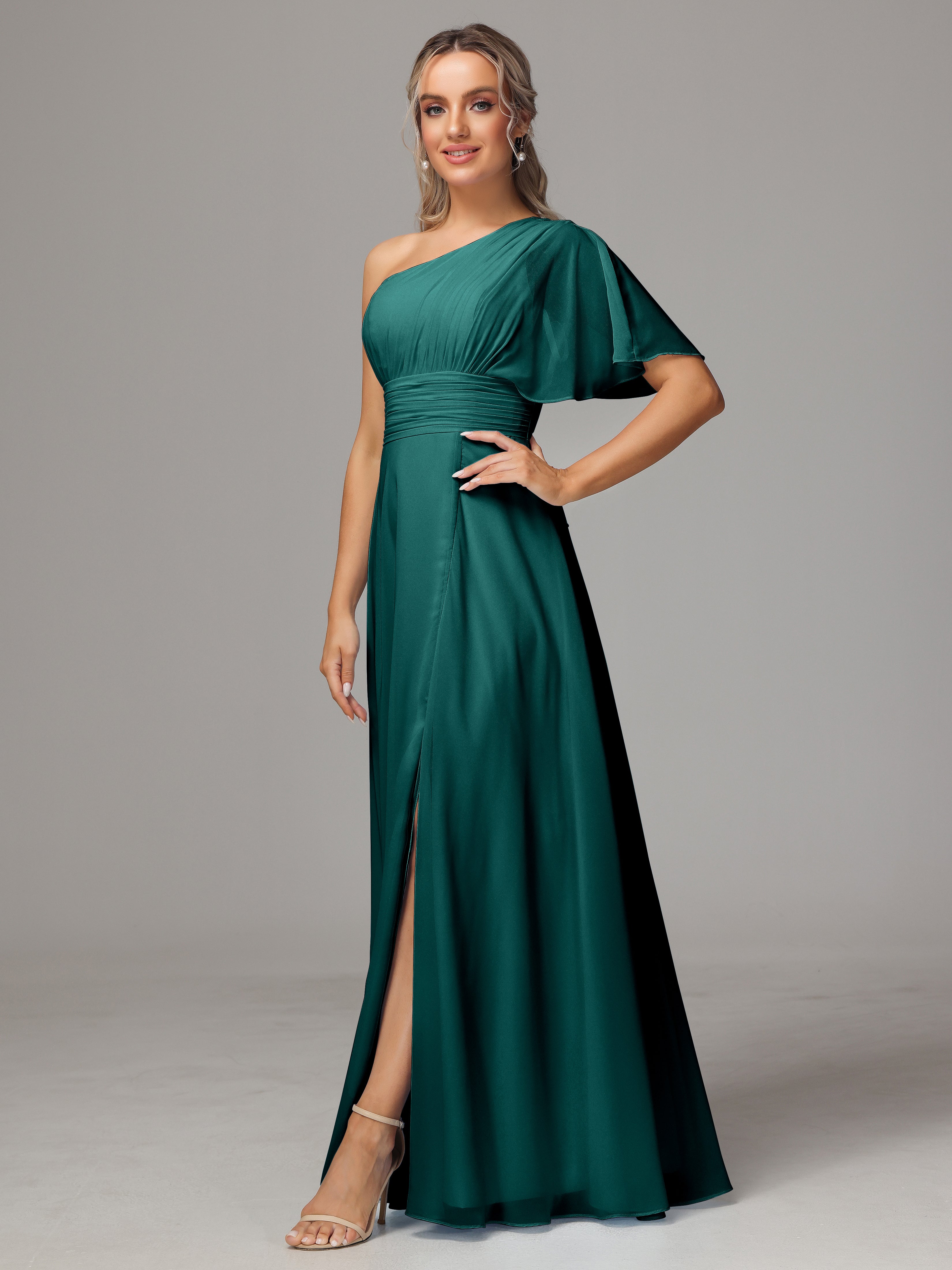 One Shoulder Ruffles Chiffon Bridesmaid Dresses With Split