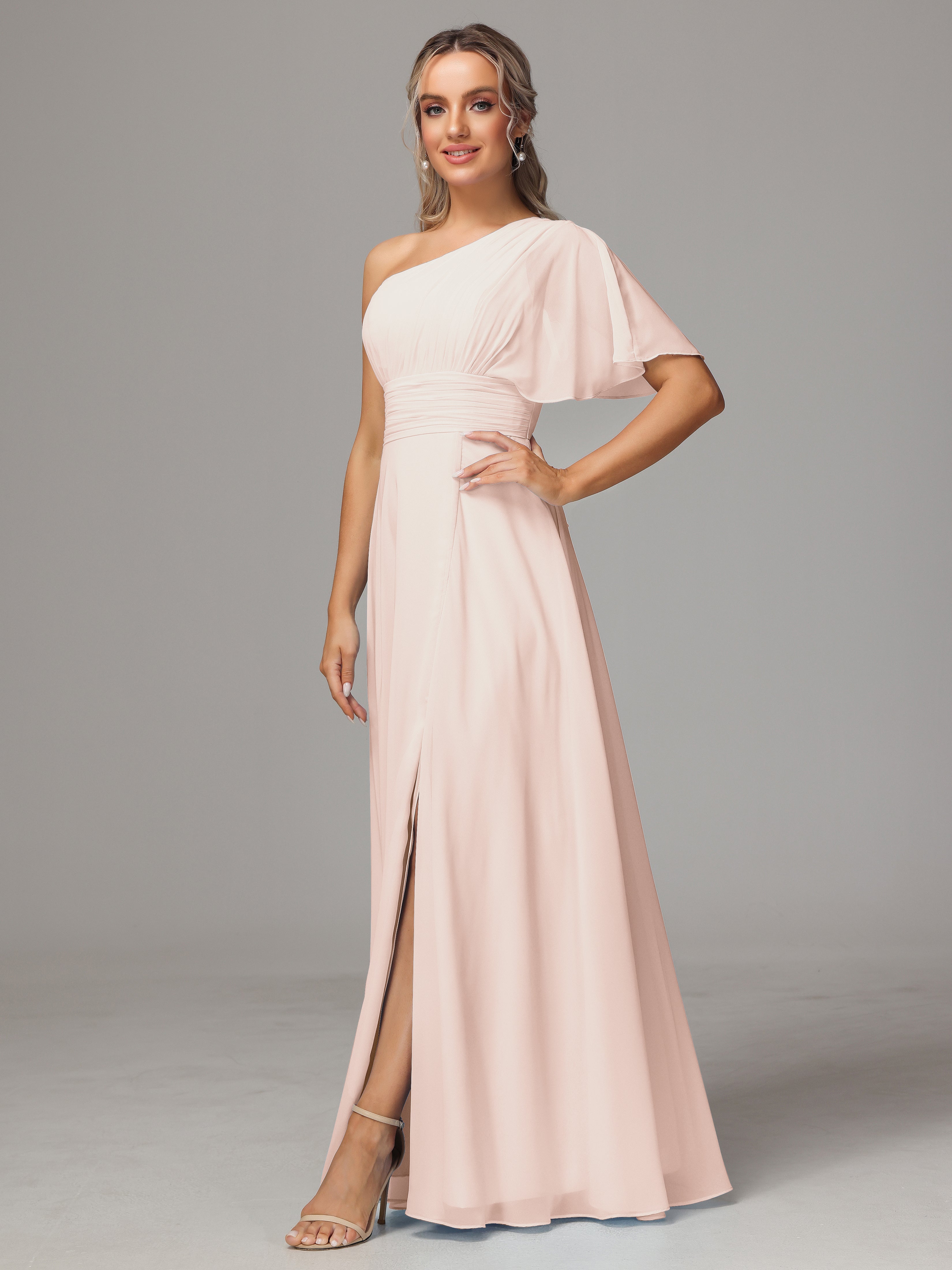 One Shoulder Ruffles Chiffon Bridesmaid Dresses With Split