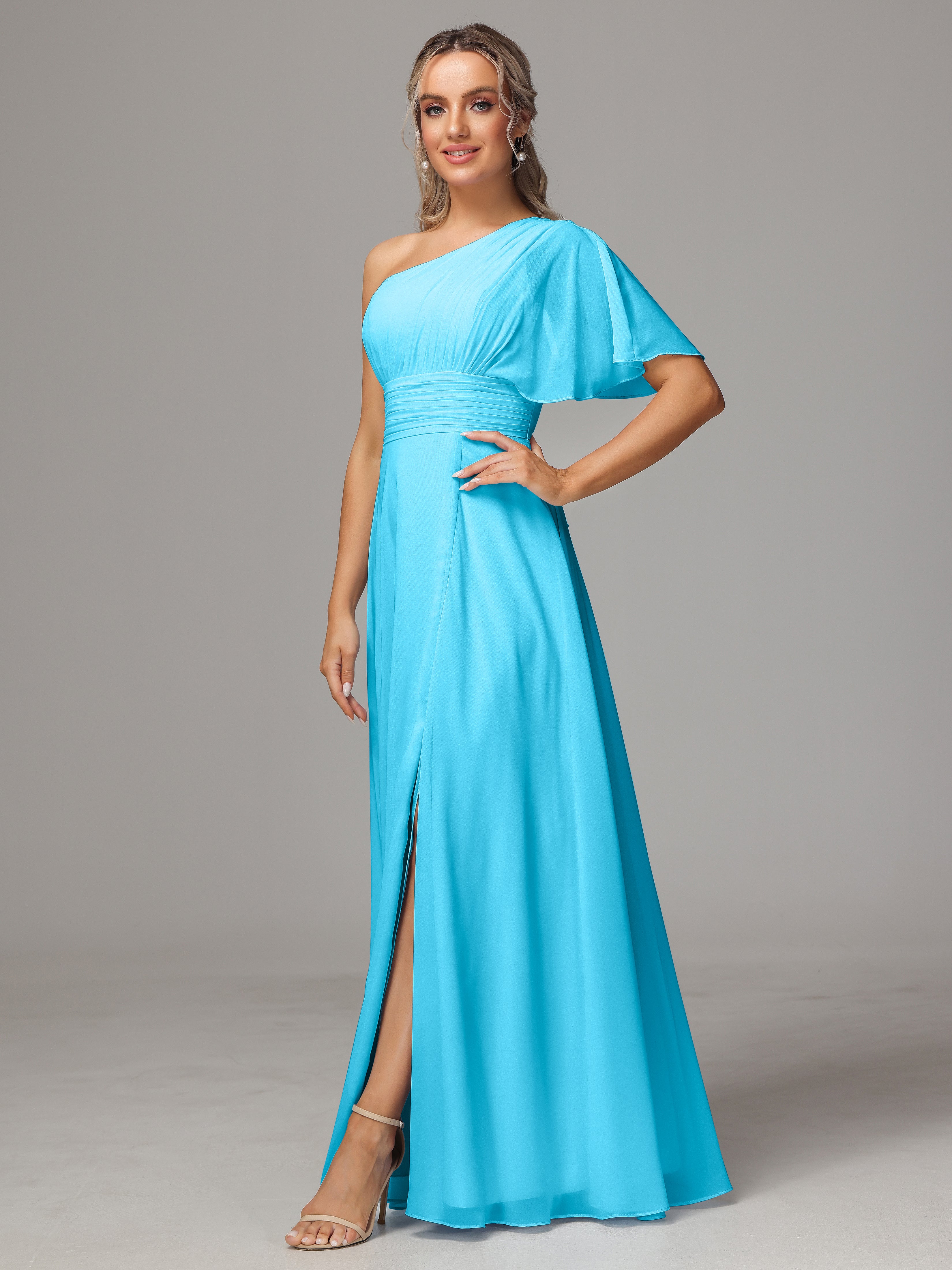 One Shoulder Ruffles Chiffon Bridesmaid Dresses With Split