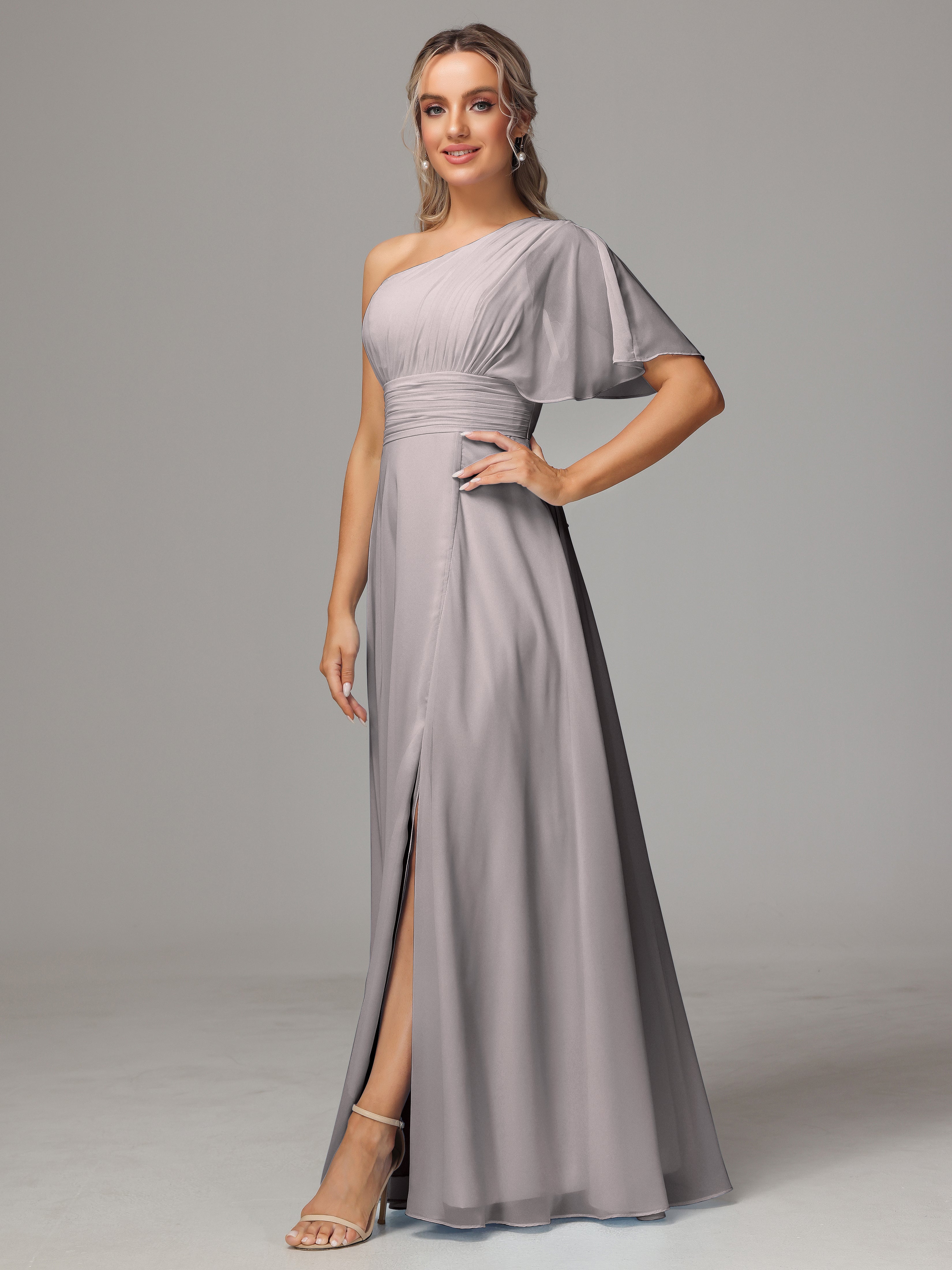 One Shoulder Ruffles Chiffon Bridesmaid Dresses With Split