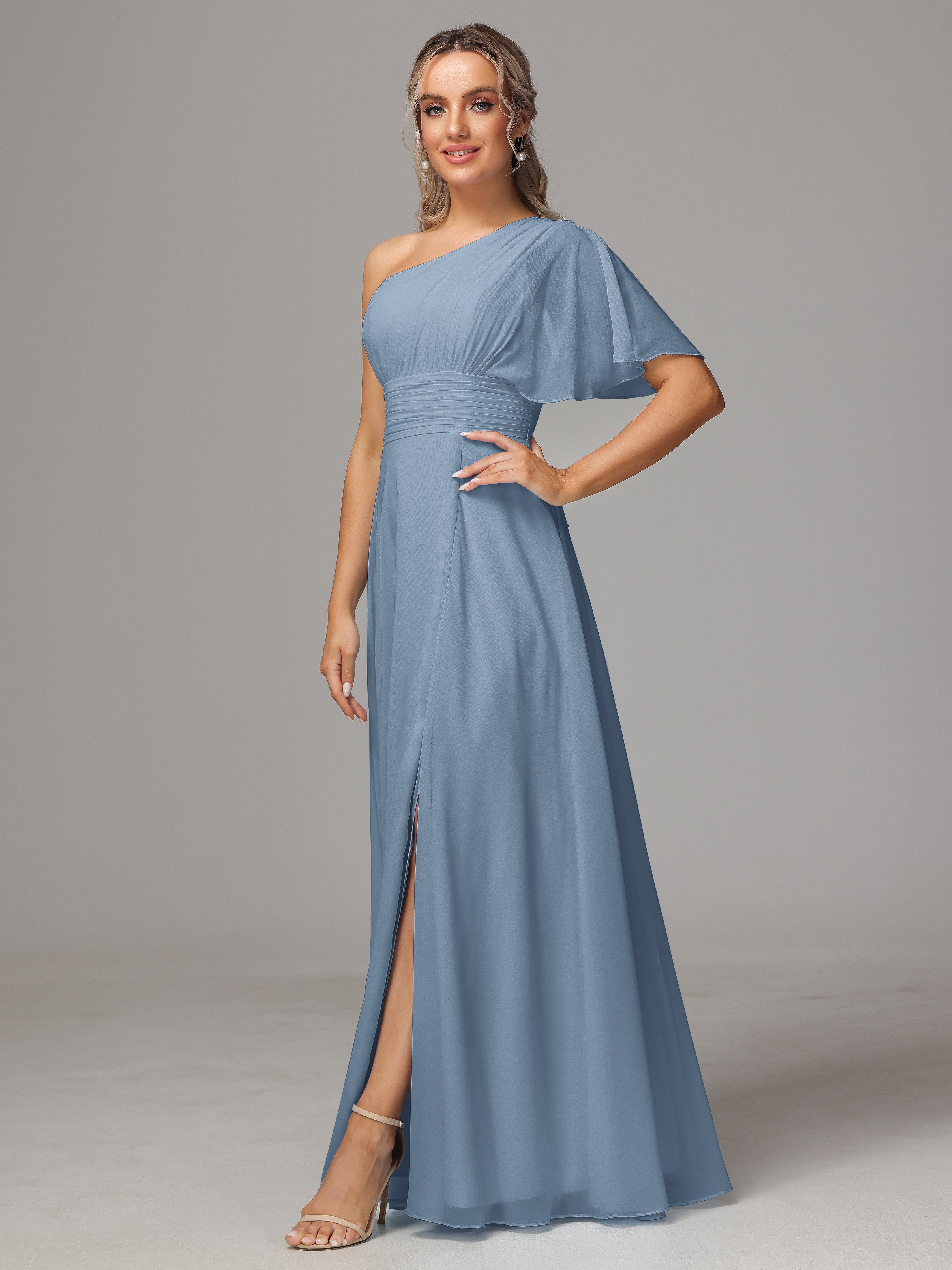 One Shoulder Ruffles Chiffon Bridesmaid Dresses With Split