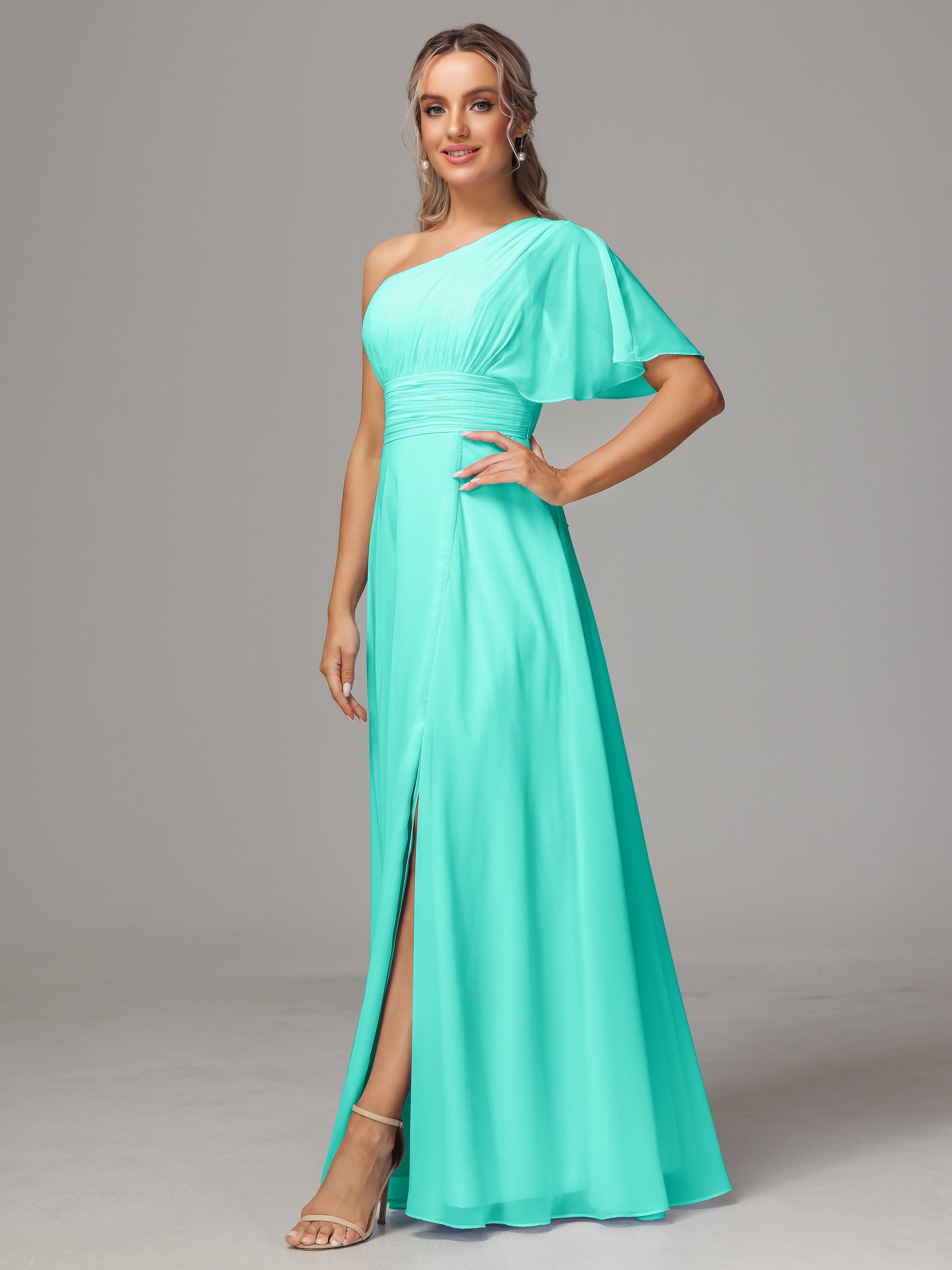 One Shoulder Ruffles Chiffon Bridesmaid Dresses With Split