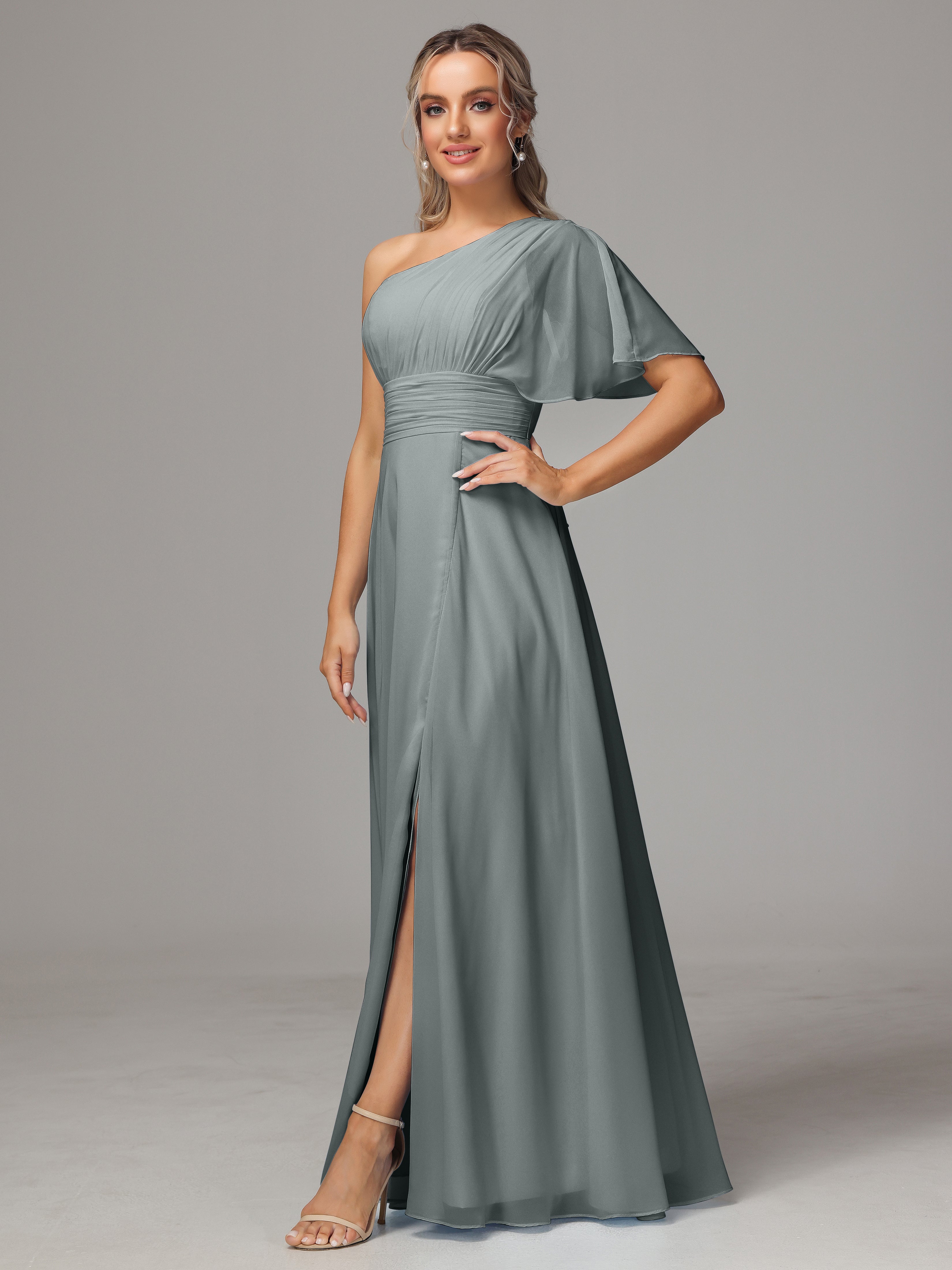 One Shoulder Ruffles Chiffon Bridesmaid Dresses With Split