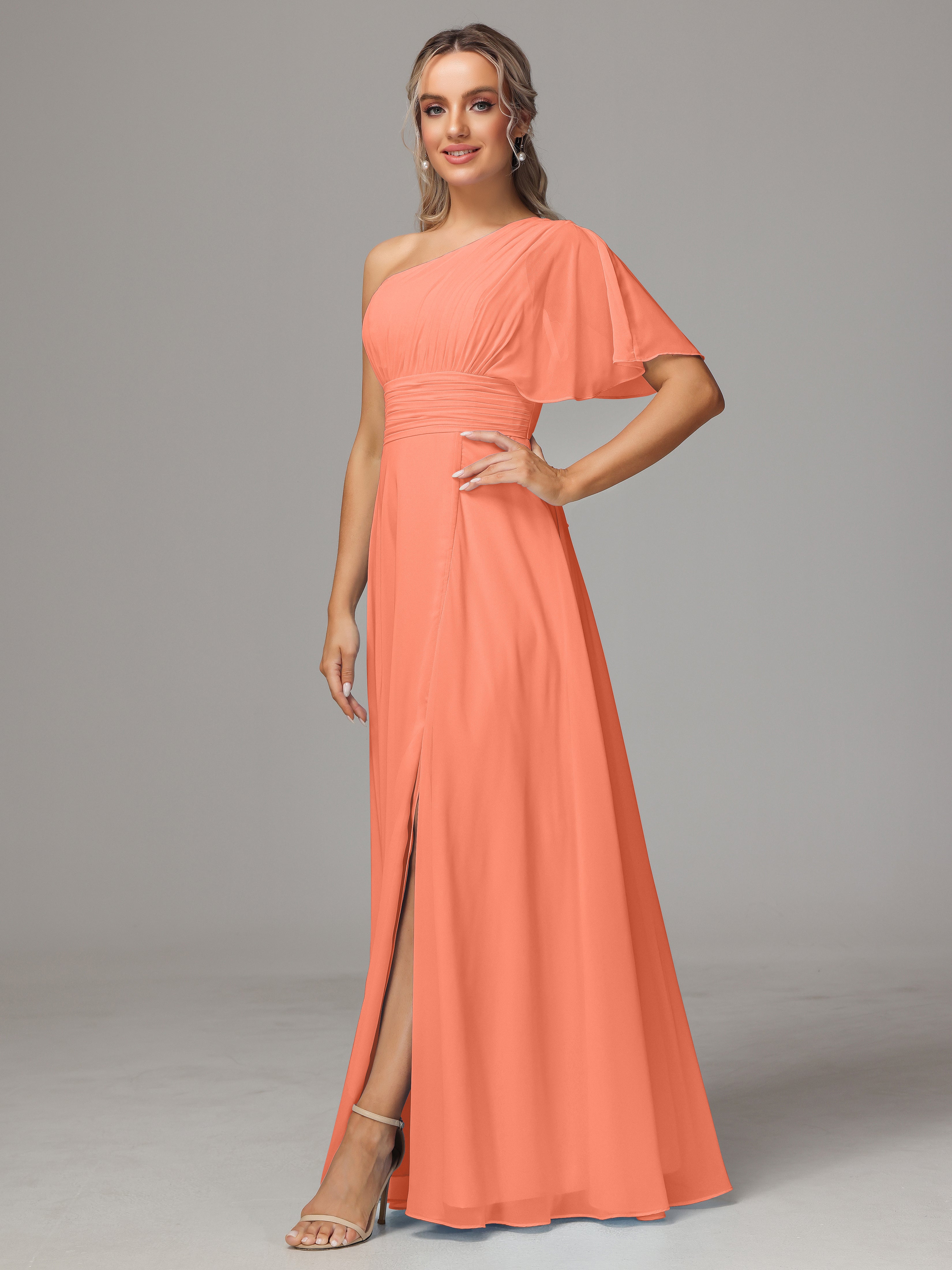 One Shoulder Ruffles Chiffon Bridesmaid Dresses With Split